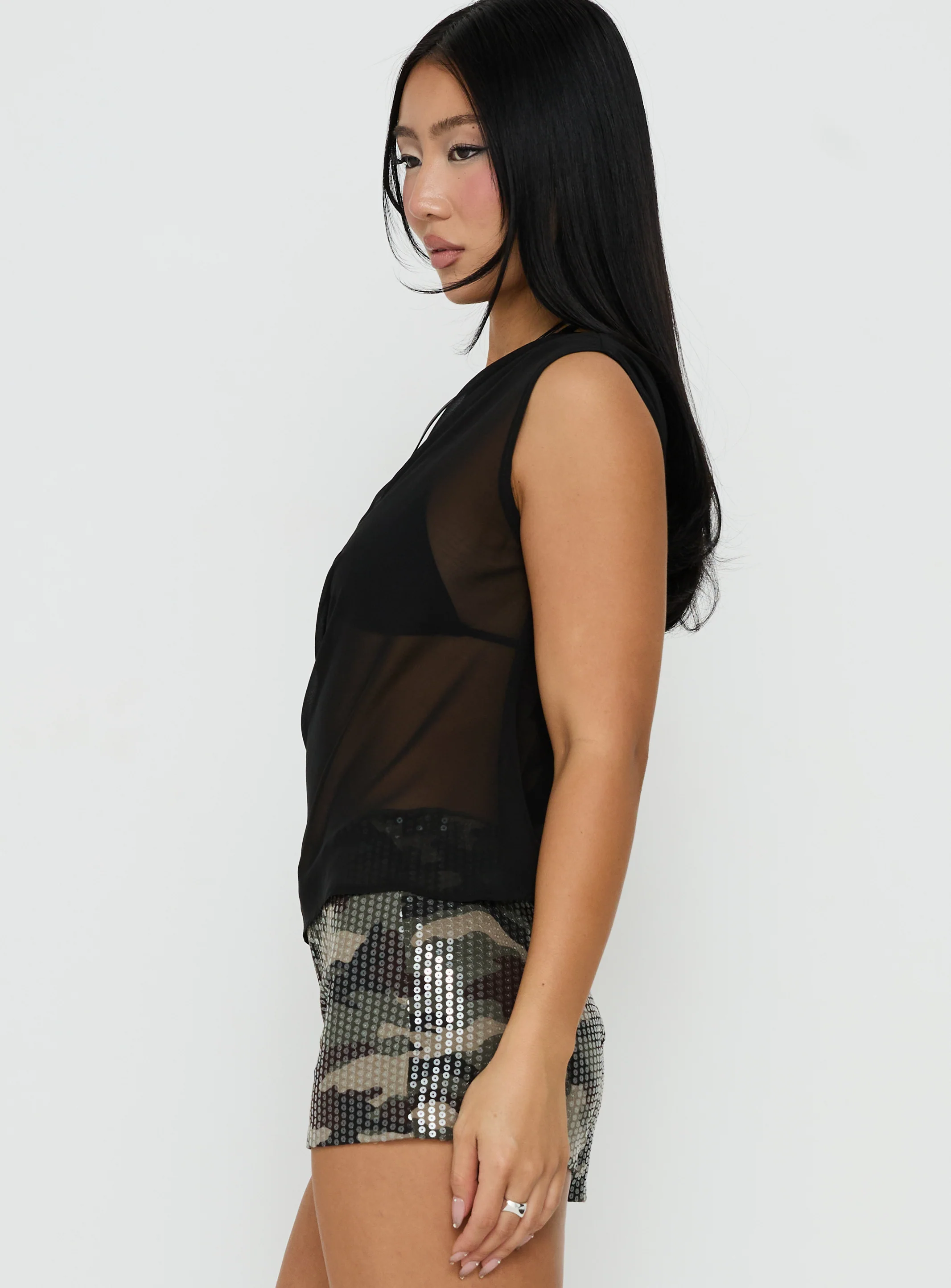 Orya Sheer Drape Off Shoulder Top Black - Image 4