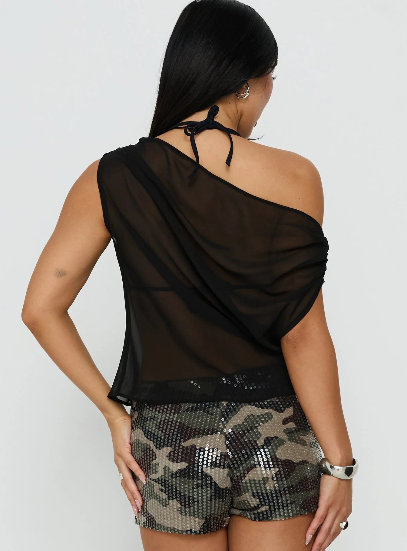 Orya Sheer Drape Off Shoulder Top Black - Image 5
