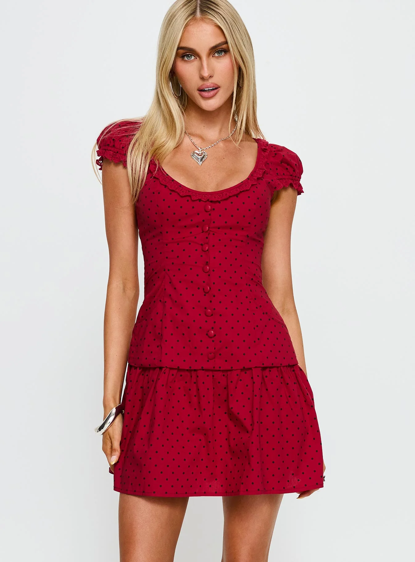 Ottillie Lace Trim Button Down Mini Dress Red Polka Dot - Image 2