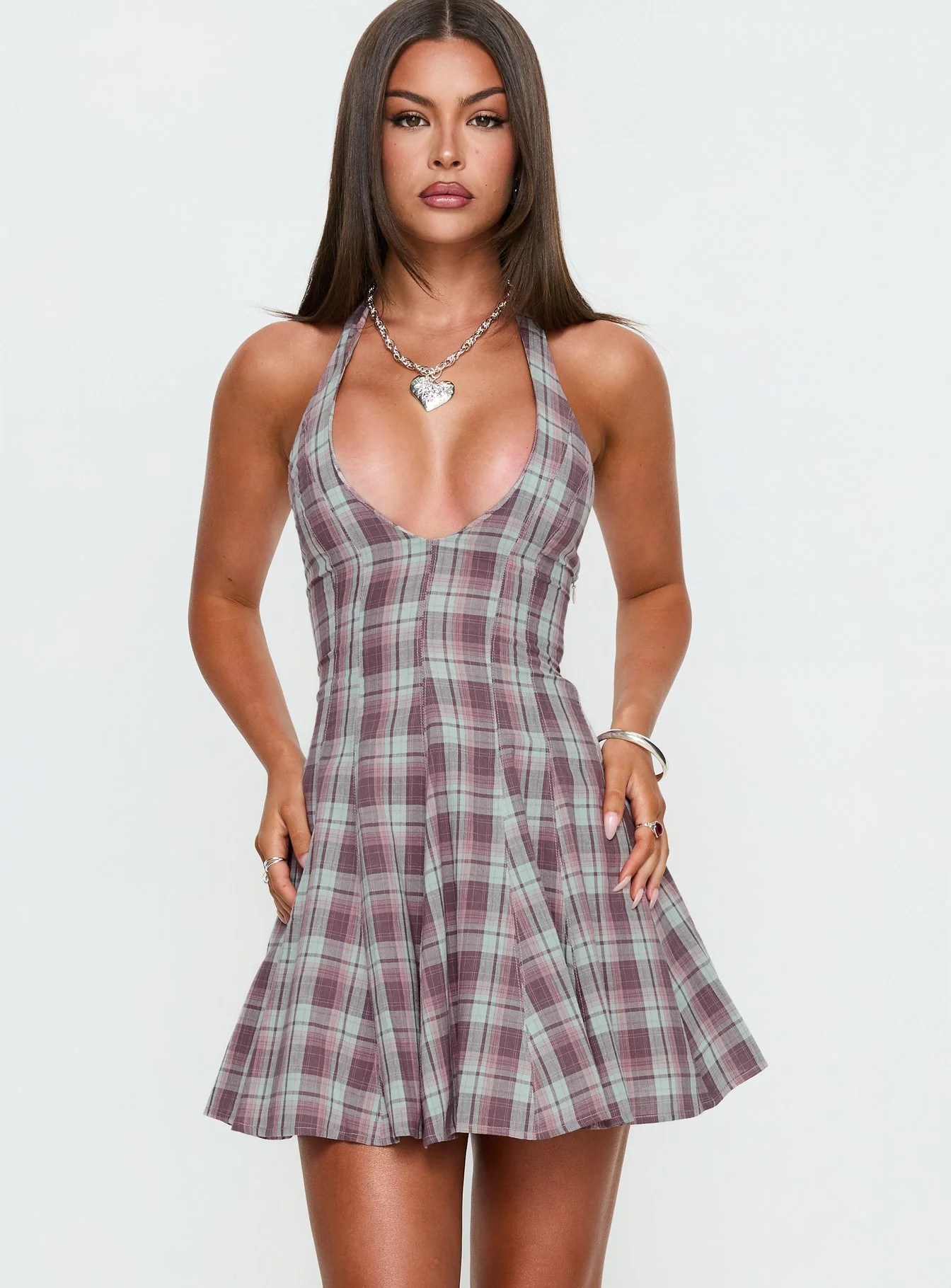 Out Of Nowhere Halter Mini Dress Burgundy / Pink Check - Image 2