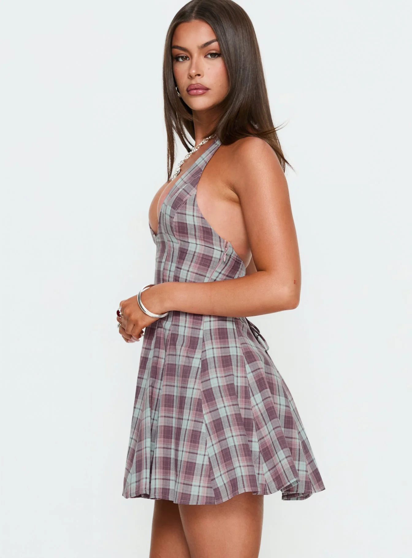 Out Of Nowhere Halter Mini Dress Burgundy / Pink Check - Image 4