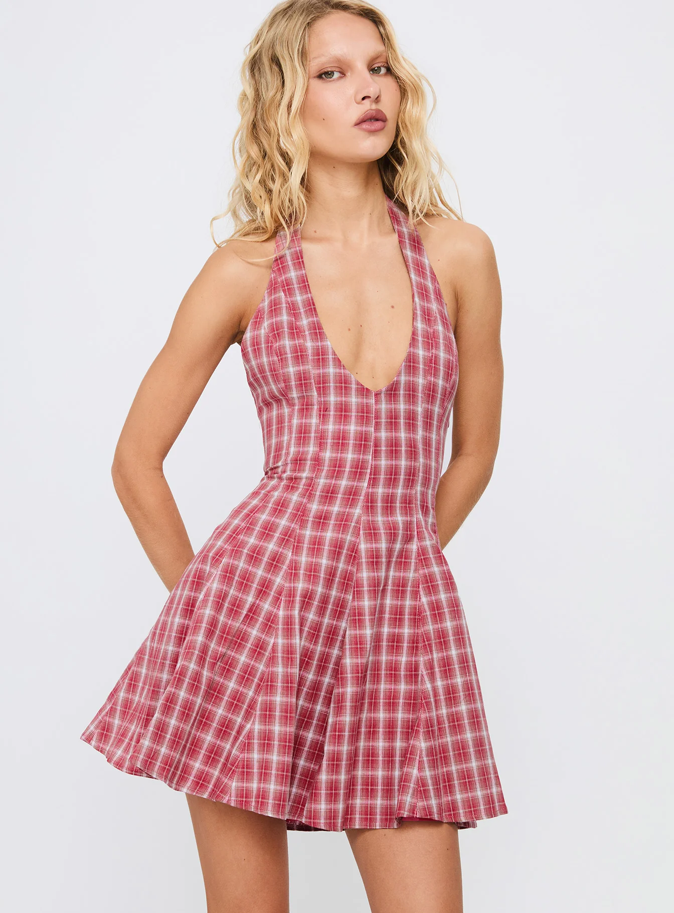 Out Of Nowhere Halter Mini Dress Red Check - Image 2