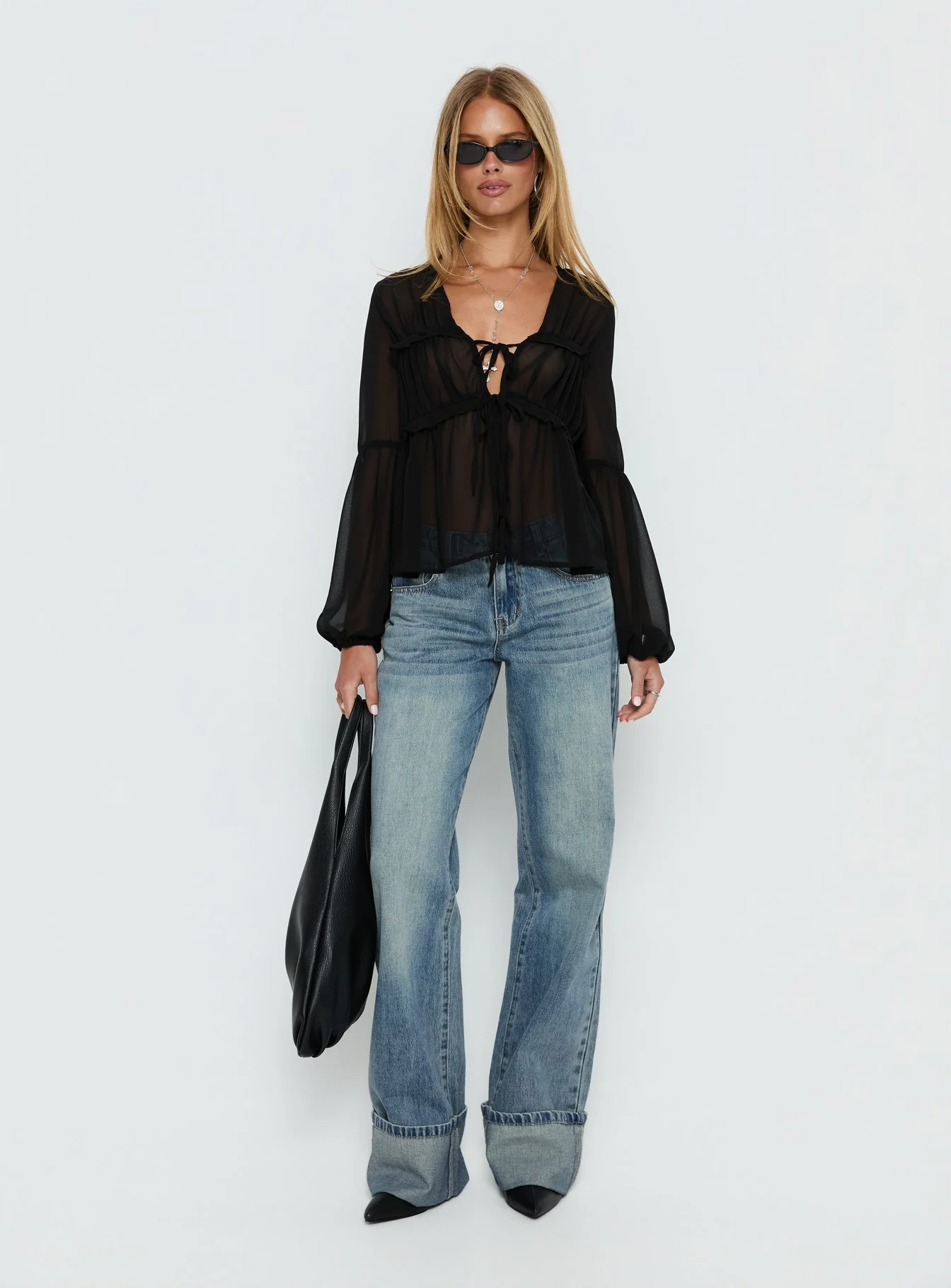 Palapa Tie Detail Sheer Long Sleeve Top Black - Image 2