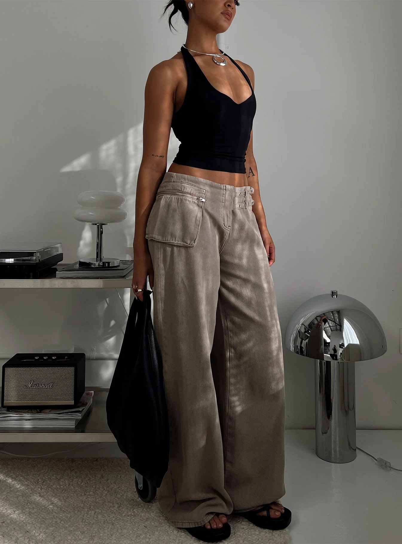 Paltrow Mid Rise Wide Leg Cargo Jeans Washed Brown Petite - Image 8