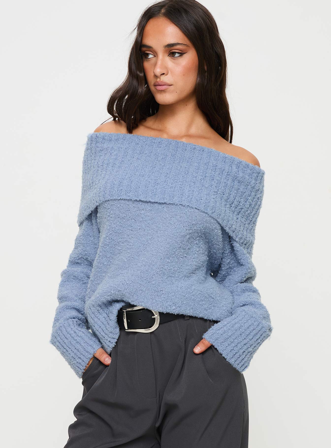 Parkley Boucle Off The Shoulder Sweater Blue - Image 2