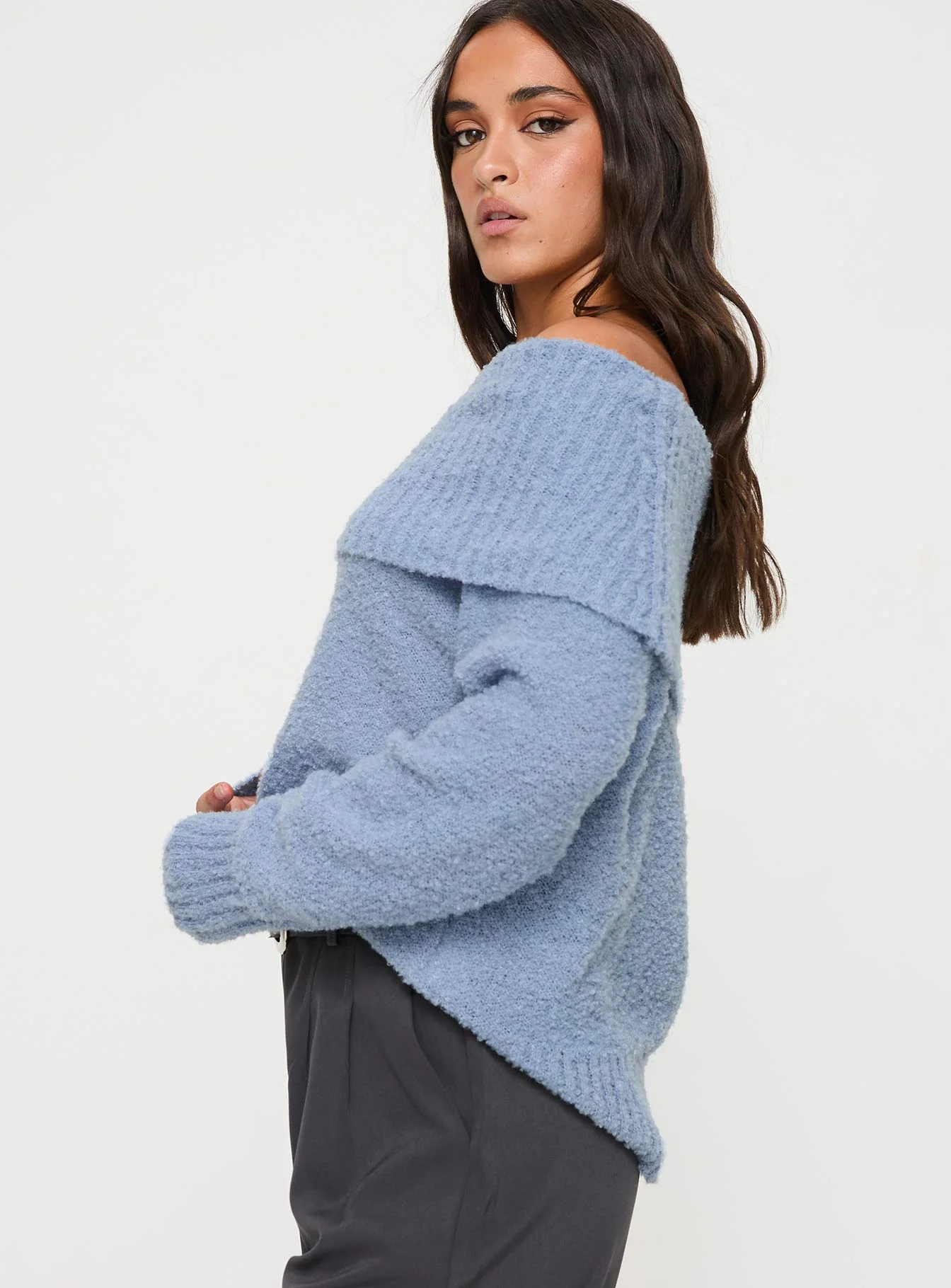 Parkley Boucle Off The Shoulder Sweater Blue - Image 4