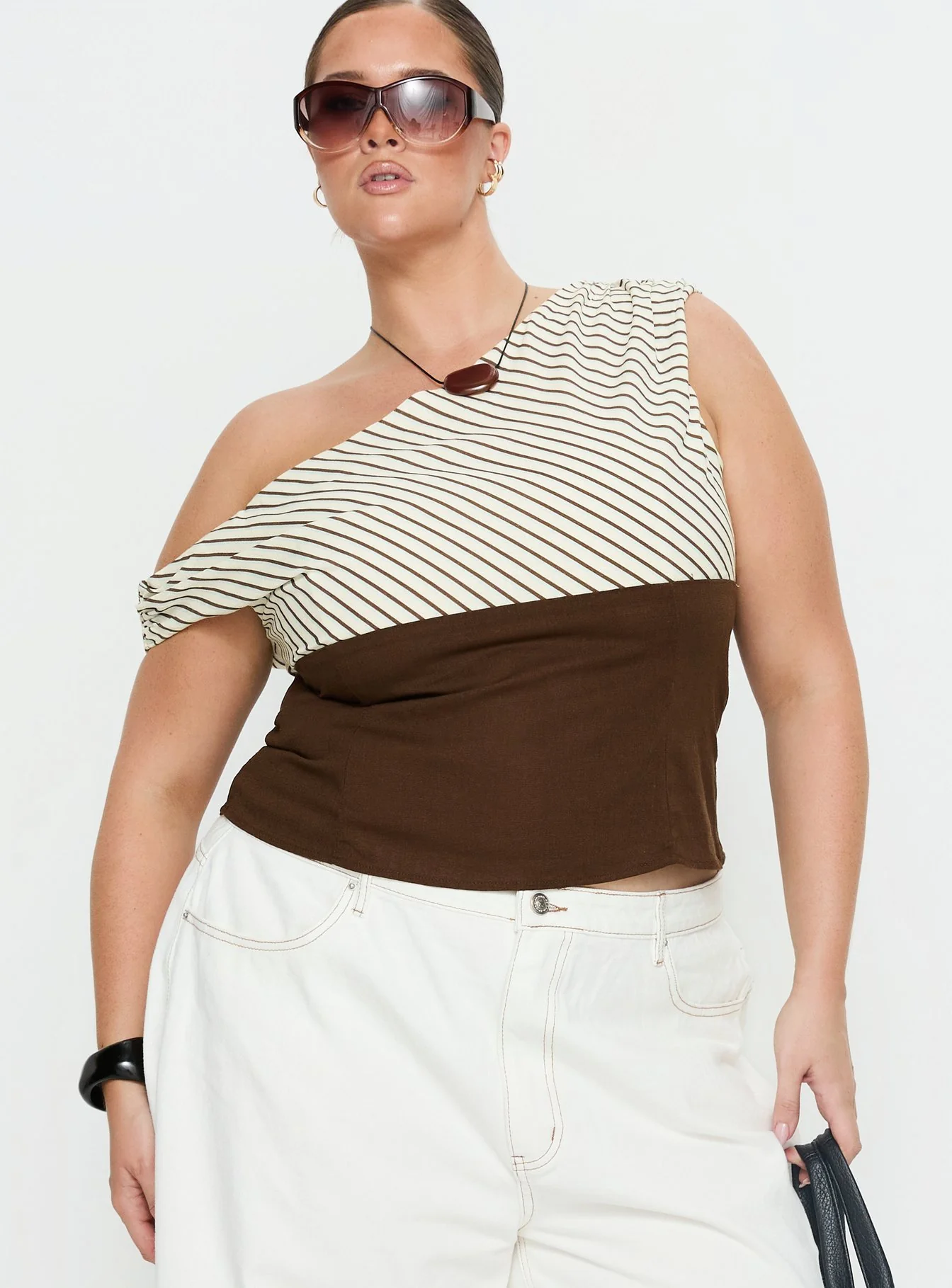 Past Life One Shoulder Top Brown / Stripe Curve - Image 2