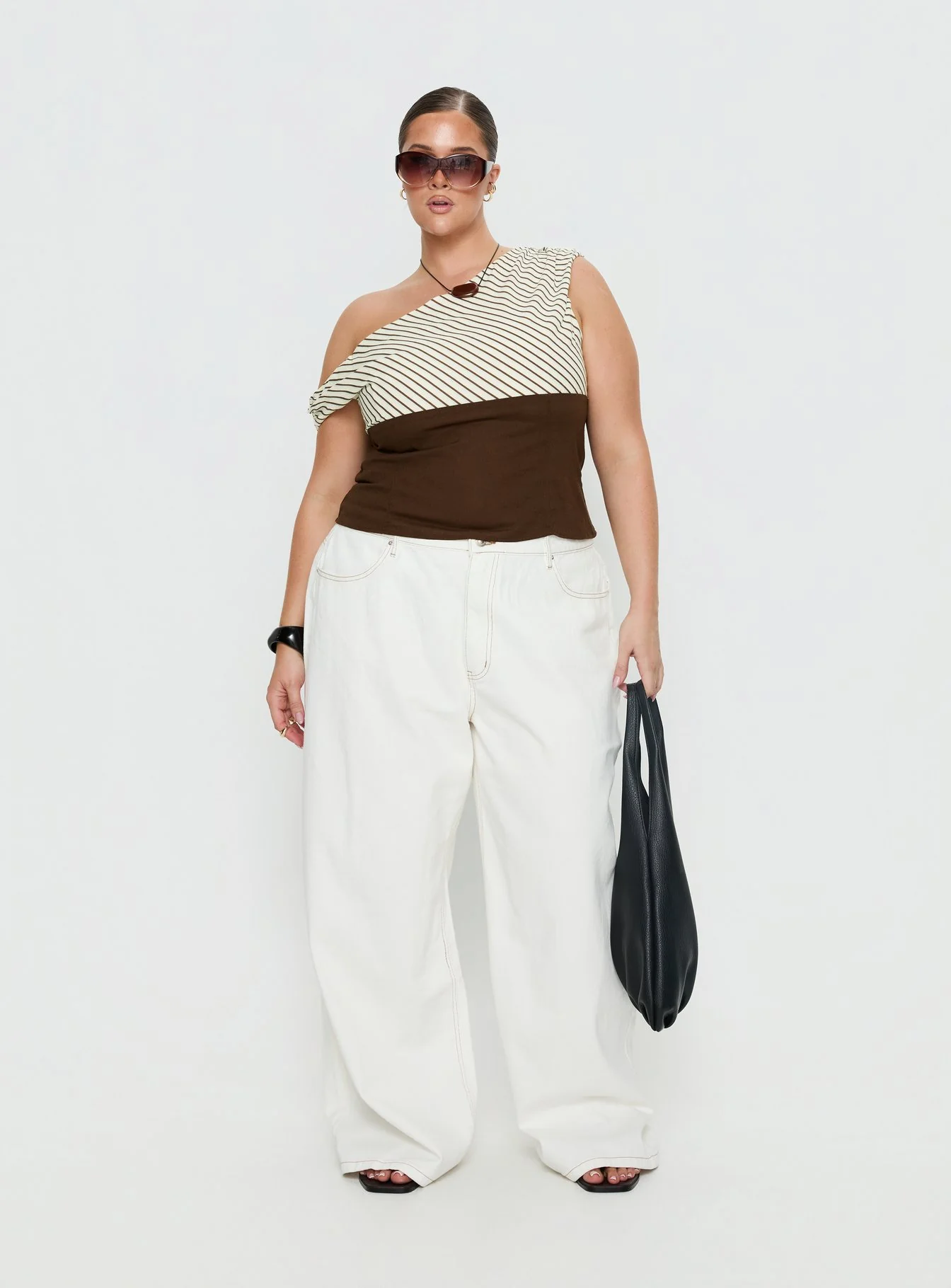 Past Life One Shoulder Top Brown / Stripe Curve - Image 3