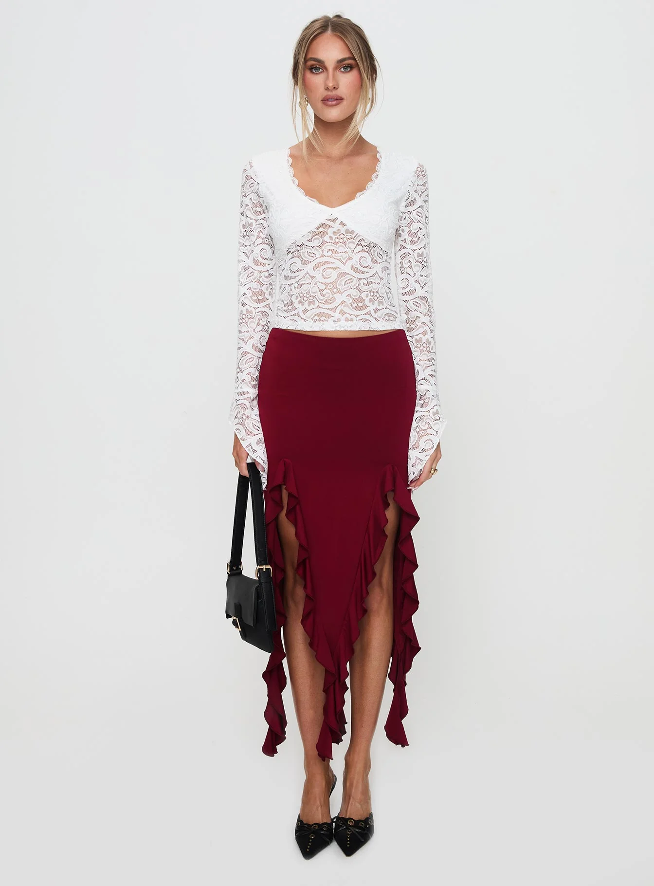 Peachey Asymmetric Ruffle Midi Skirt Burgundy - Image 7