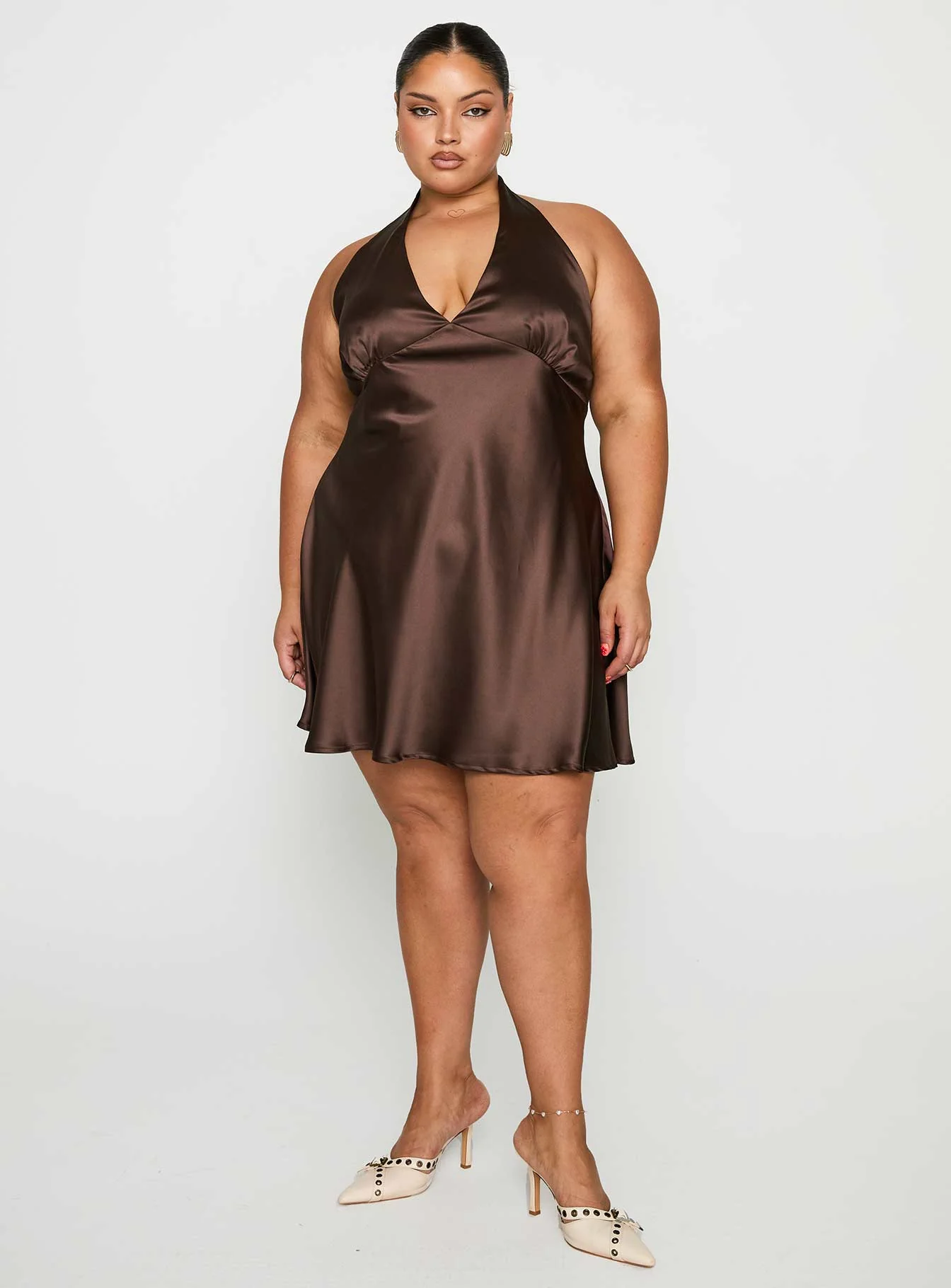 Pelagia Halter Scarf Tie Mini Dress Brown Curve - Image 2