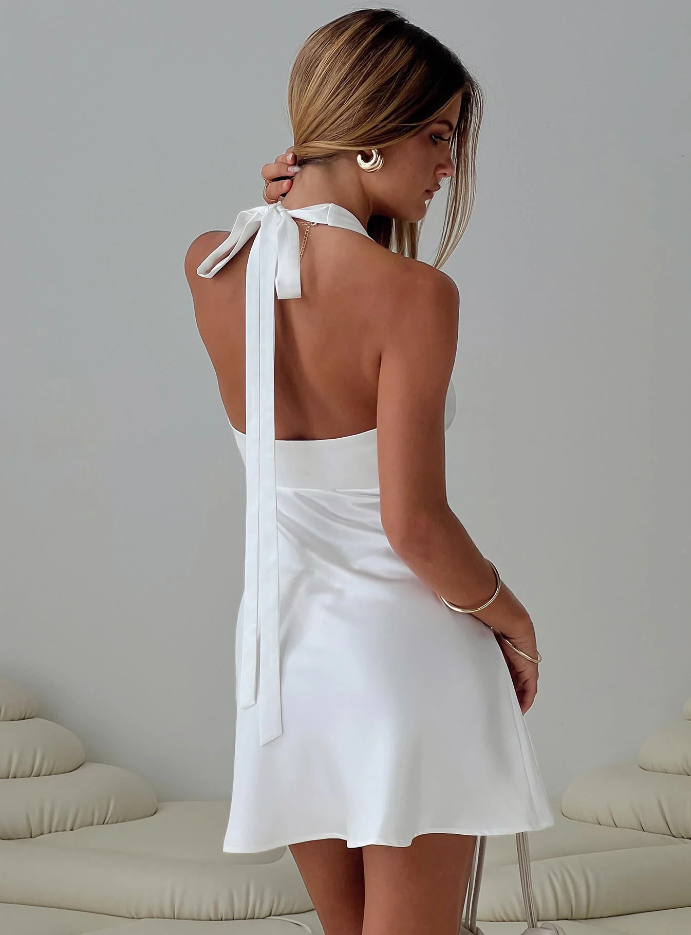 Pelagia Halter Scarf Tie Mini Dress White - Image 8