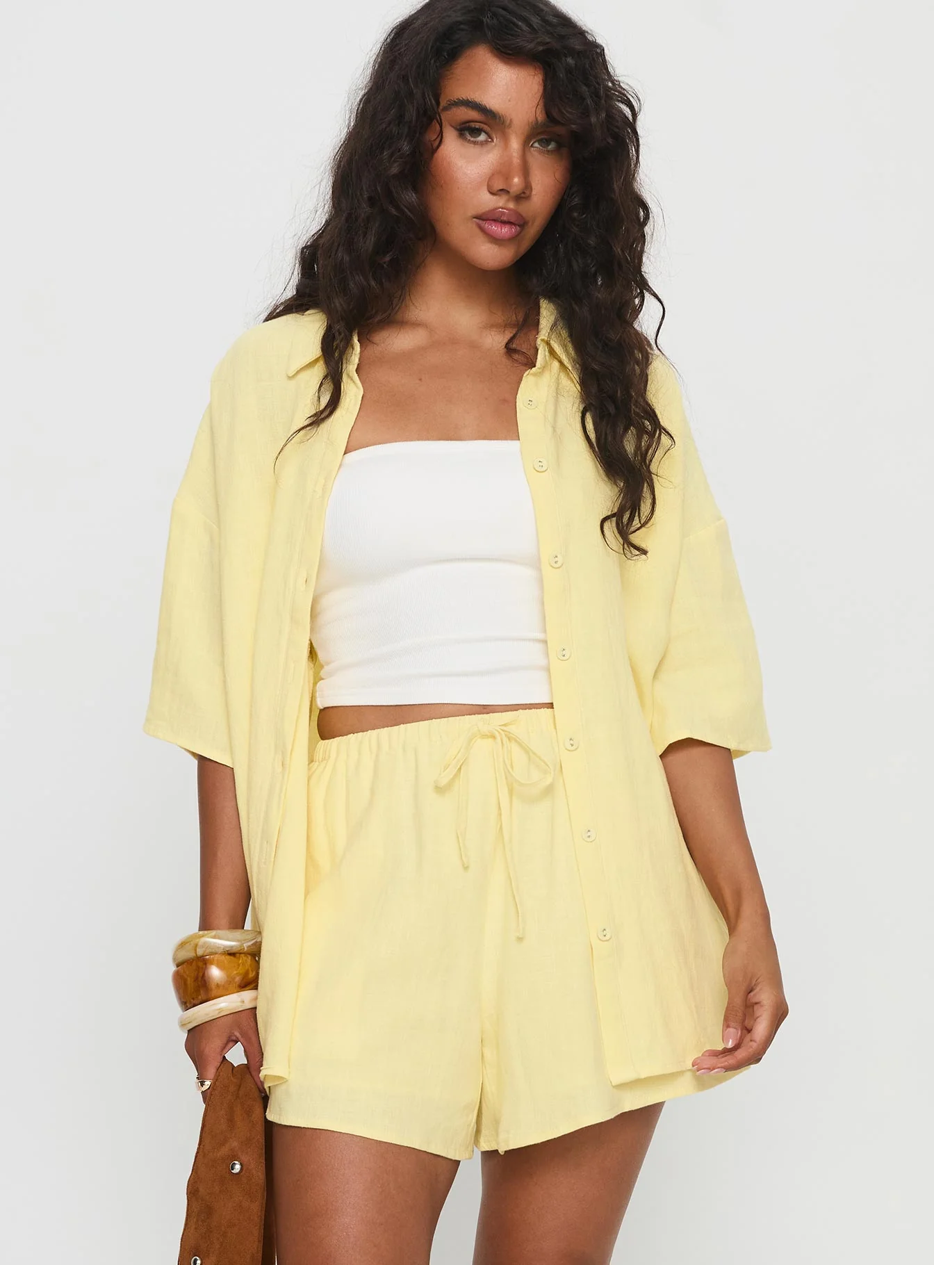 Peni Drawstring Linen Shorts Yellow - Image 2
