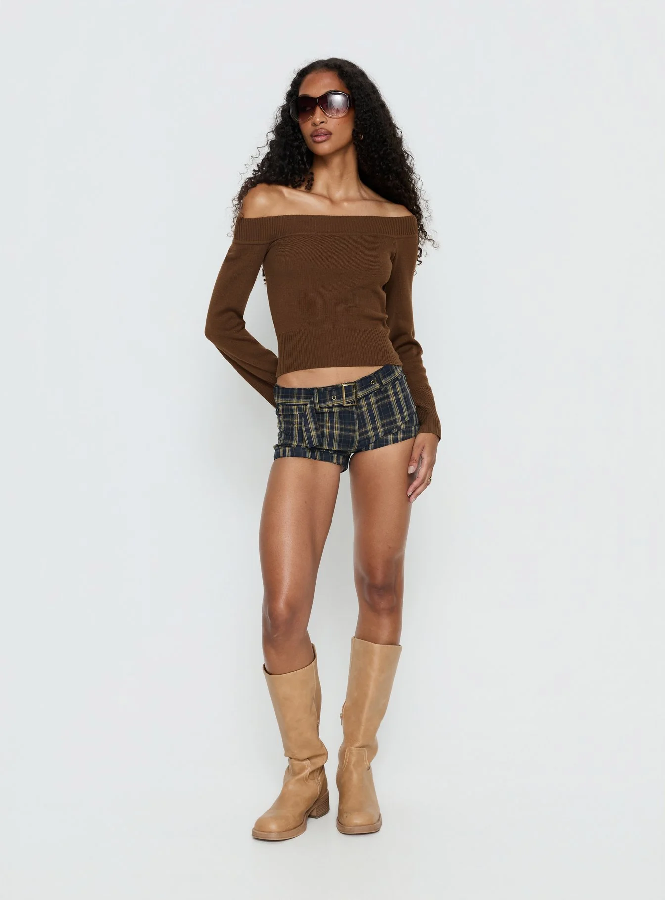 Perrey Long Sleeve Off Shoulder Knit Top Brown - Image 2