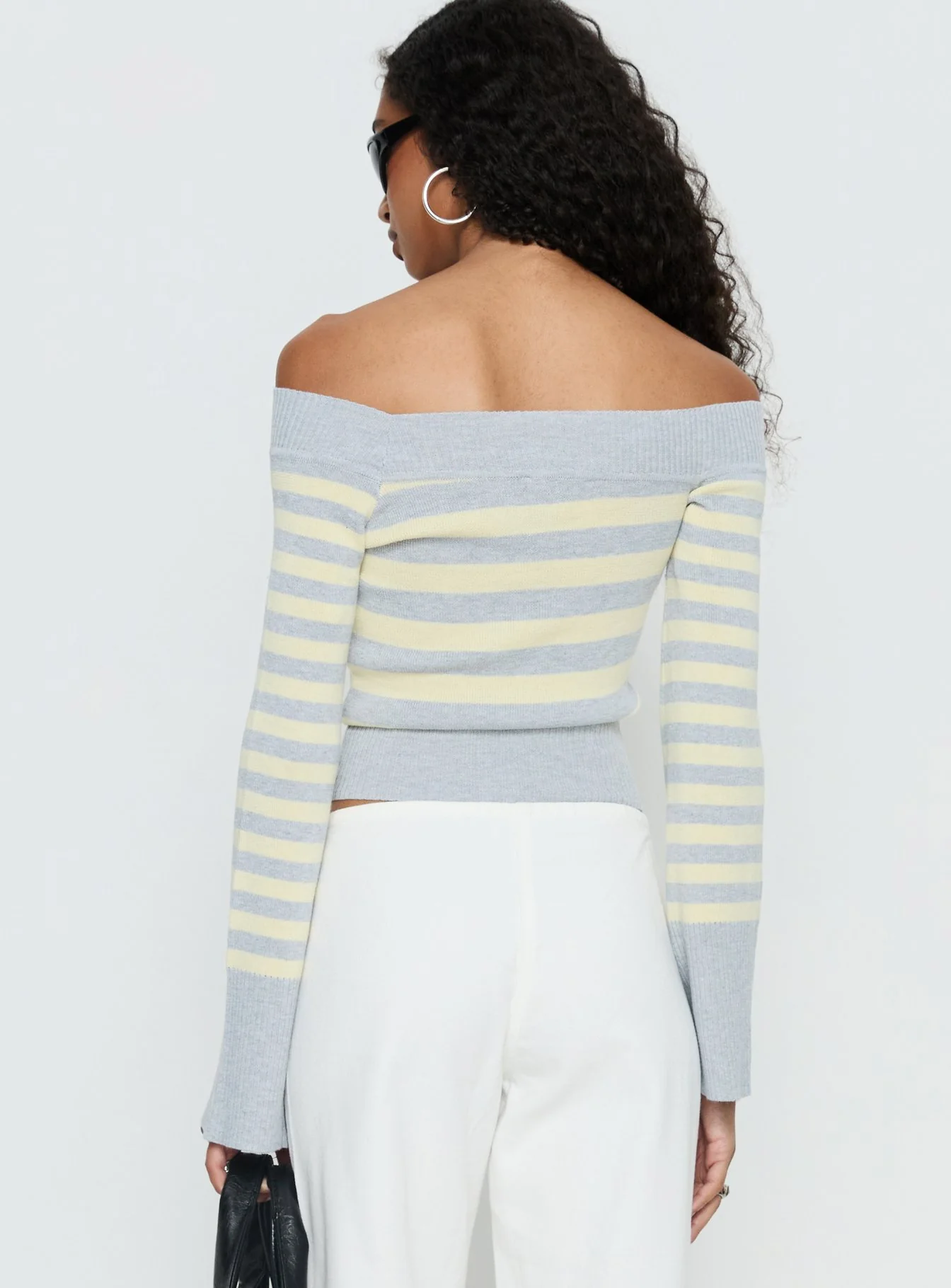 Perrey Long Sleeve Off Shoulder Top Knit Yellow / Grey Stripe - Image 5