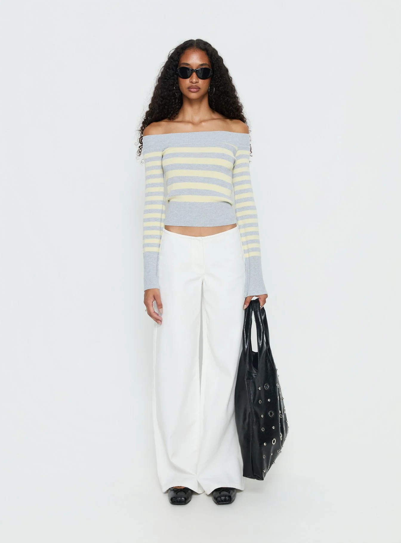 Perrey Long Sleeve Off Shoulder Top Knit Yellow / Grey Stripe - Image 7