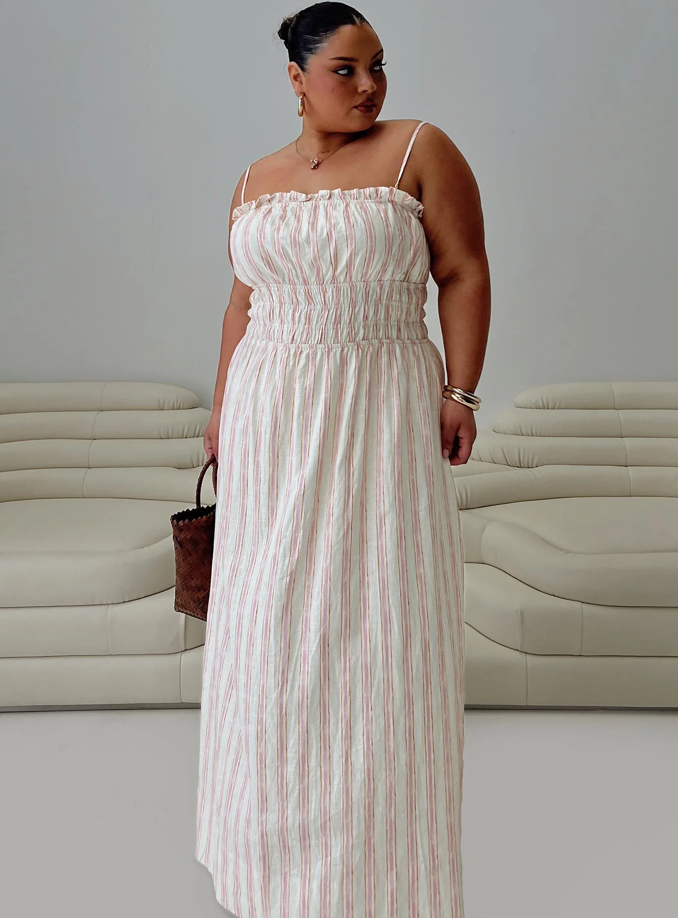 Persephone Shirring Linen Maxi Dress Pink Stripe Curve - Image 8