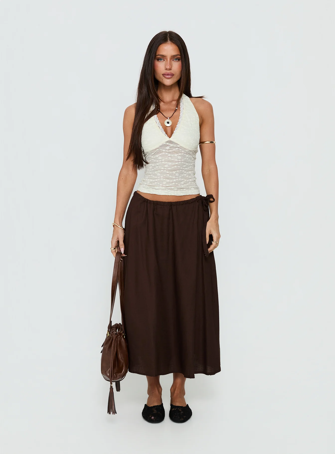 Persuasion Tie Side Midi Skirt Chocolate - Image 7