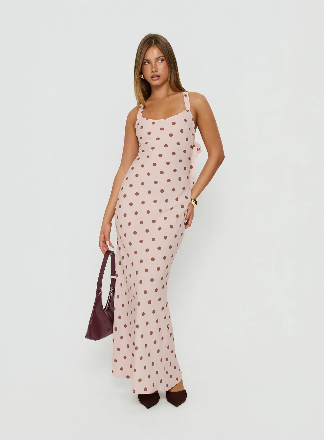 Picante Bias Cross Back Maxi Dress Pink Polka - Image 3