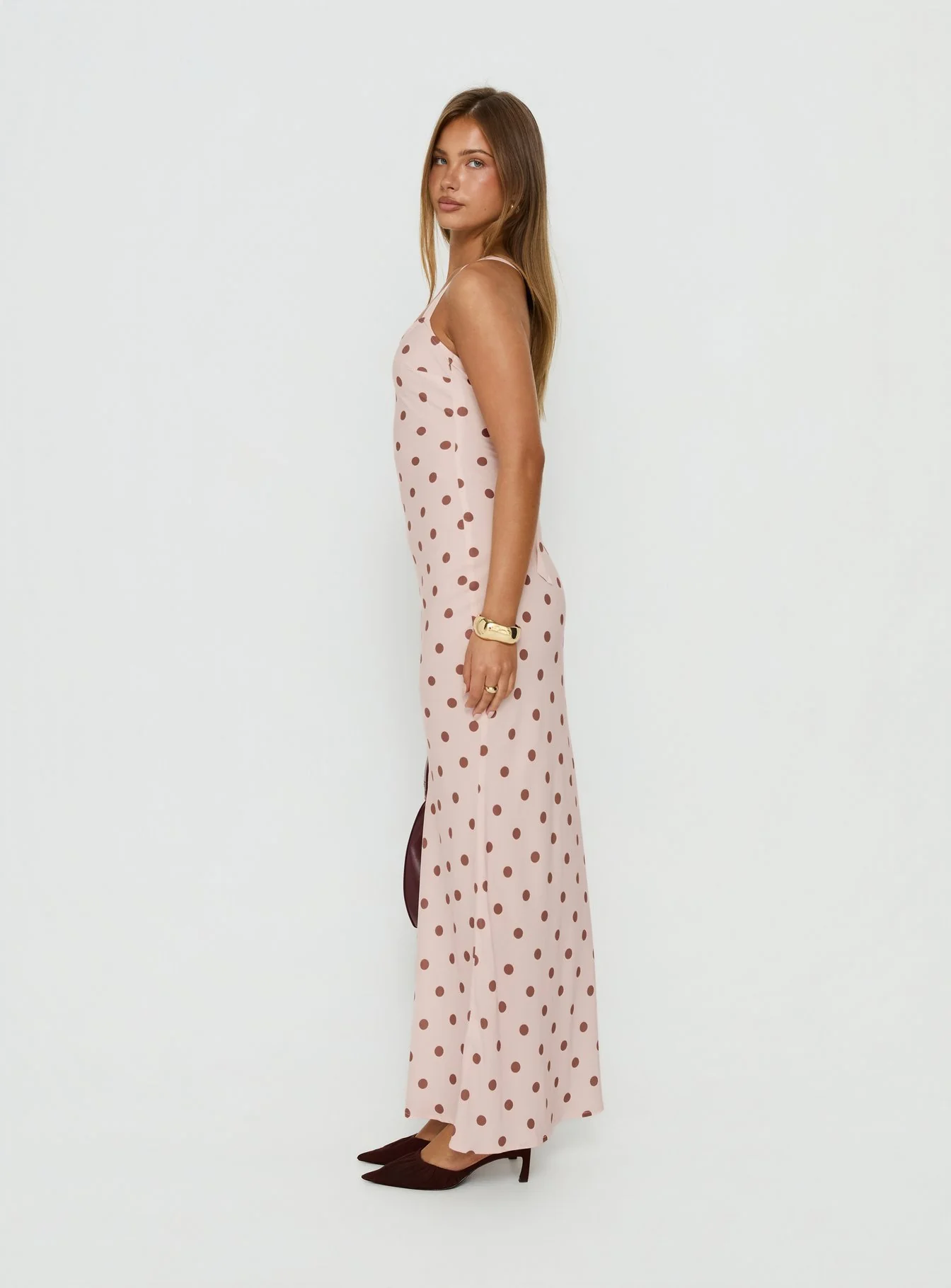 Picante Bias Cross Back Maxi Dress Pink Polka - Image 4