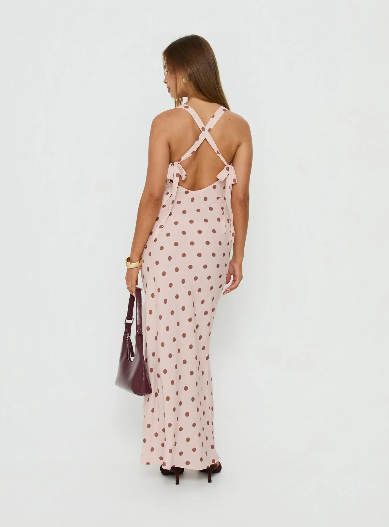 Picante Bias Cross Back Maxi Dress Pink Polka - Image 5