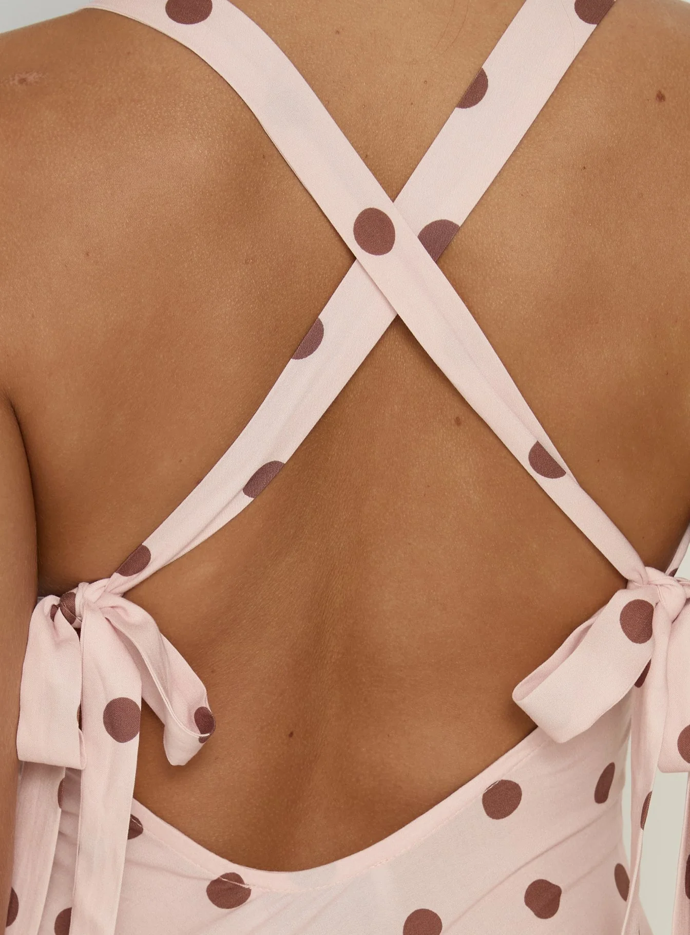 Picante Bias Cross Back Maxi Dress Pink Polka - Image 6