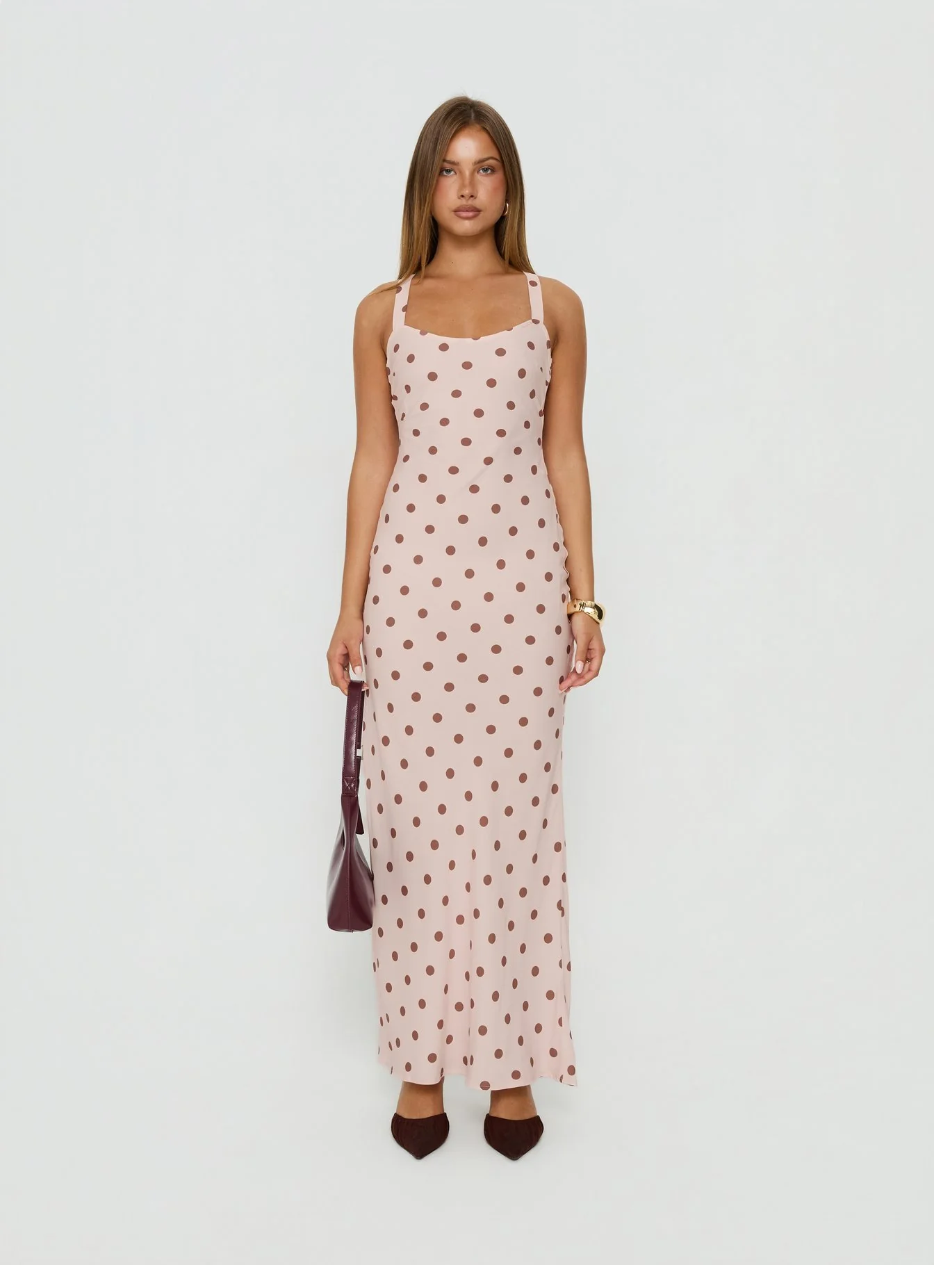 Picante Bias Cross Back Maxi Dress Pink Polka - Image 8