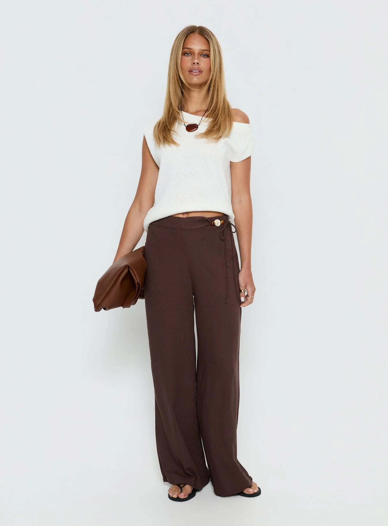 Pine For You Bead Detail Linen Pant Brown - Image 2