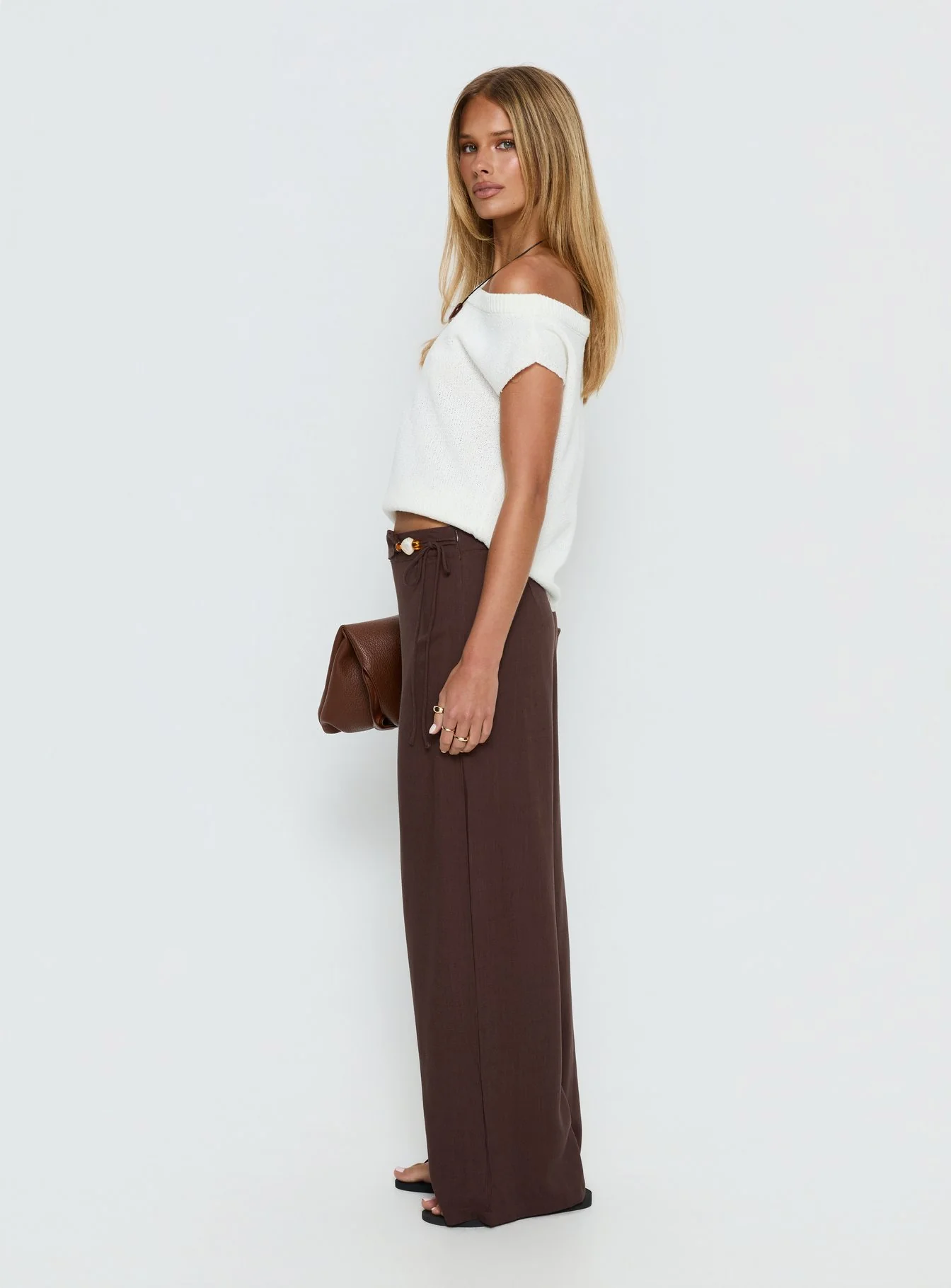 Pine For You Bead Detail Linen Pant Brown - Image 3