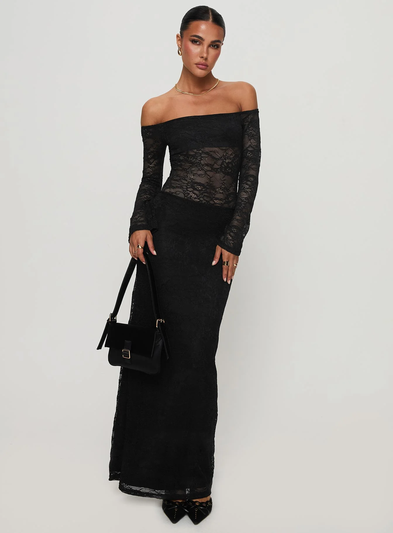 Pinot Grigio Long Sleeve Lace Maxi Dress Black - Image 2