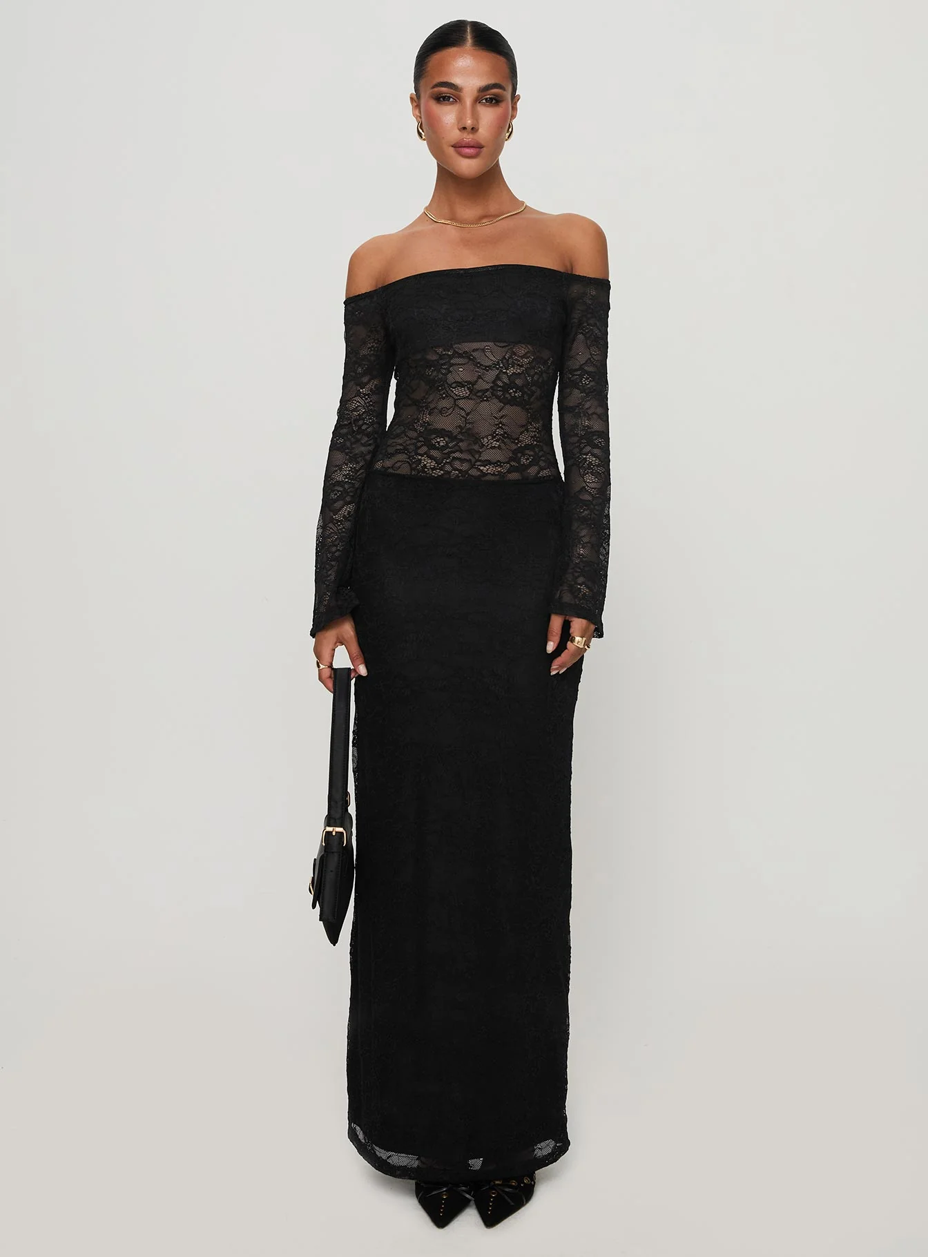 Pinot Grigio Long Sleeve Lace Maxi Dress Black - Image 7