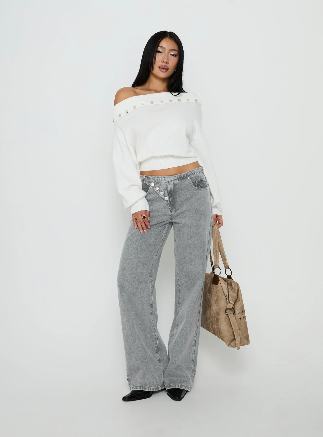 Pipper Asymmetrical Button Up Jeans Grey Wash - Image 3