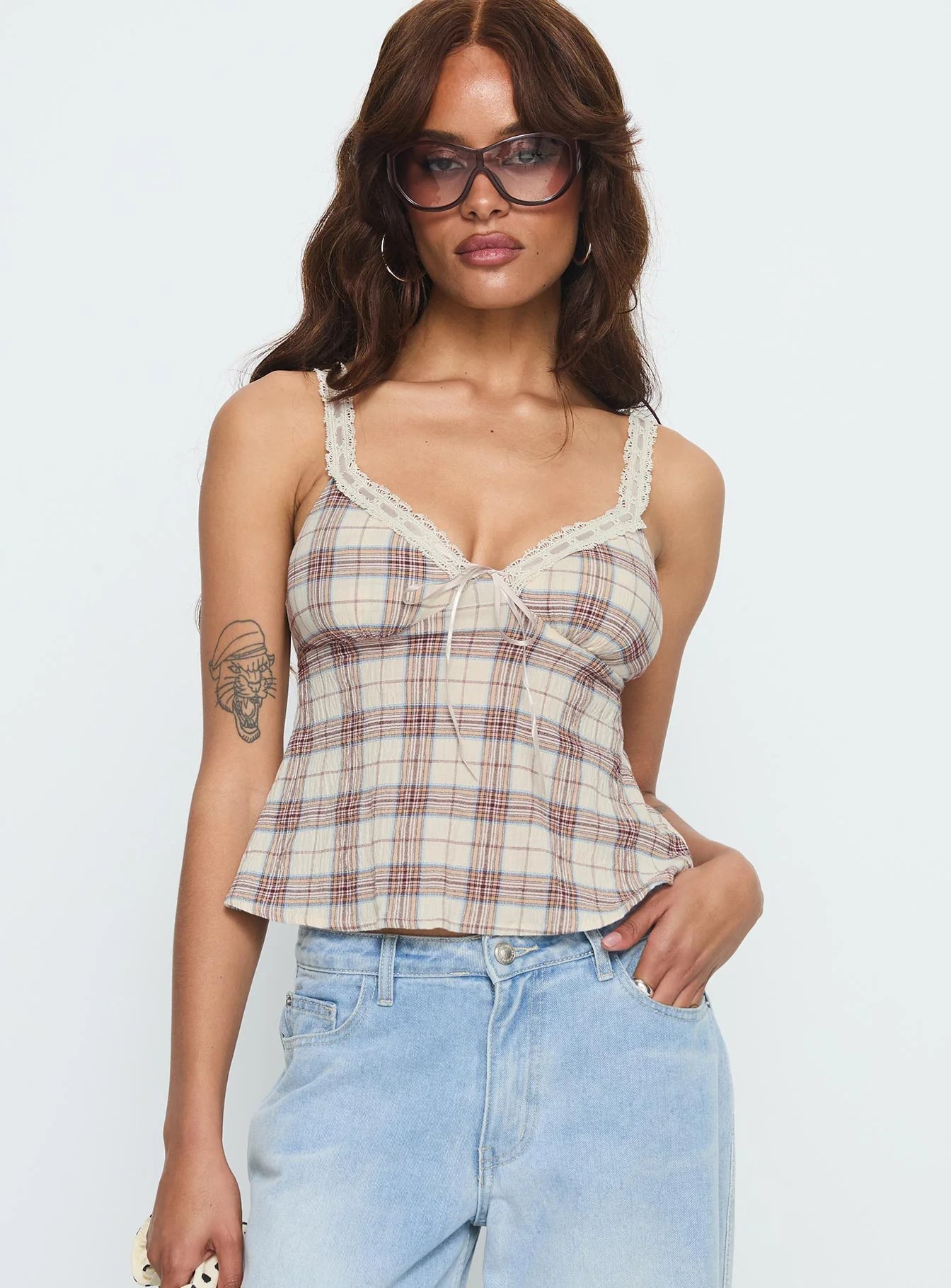 Pretty It Up Tie Detail Top Beige Check - Image 2