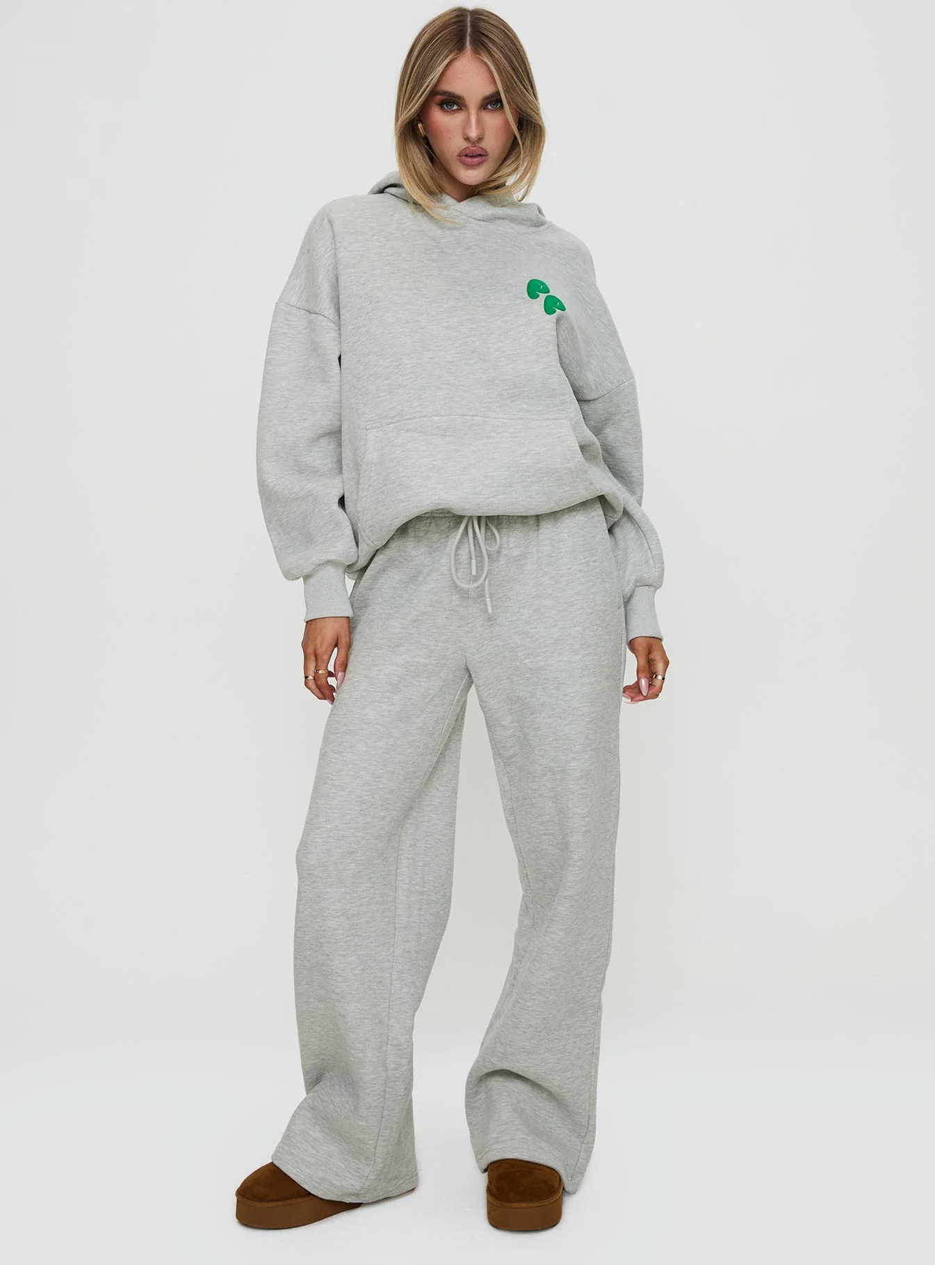 Princess Polly Hooded Sweatshirt Bubble Text Grey Marle / Green - Image 2