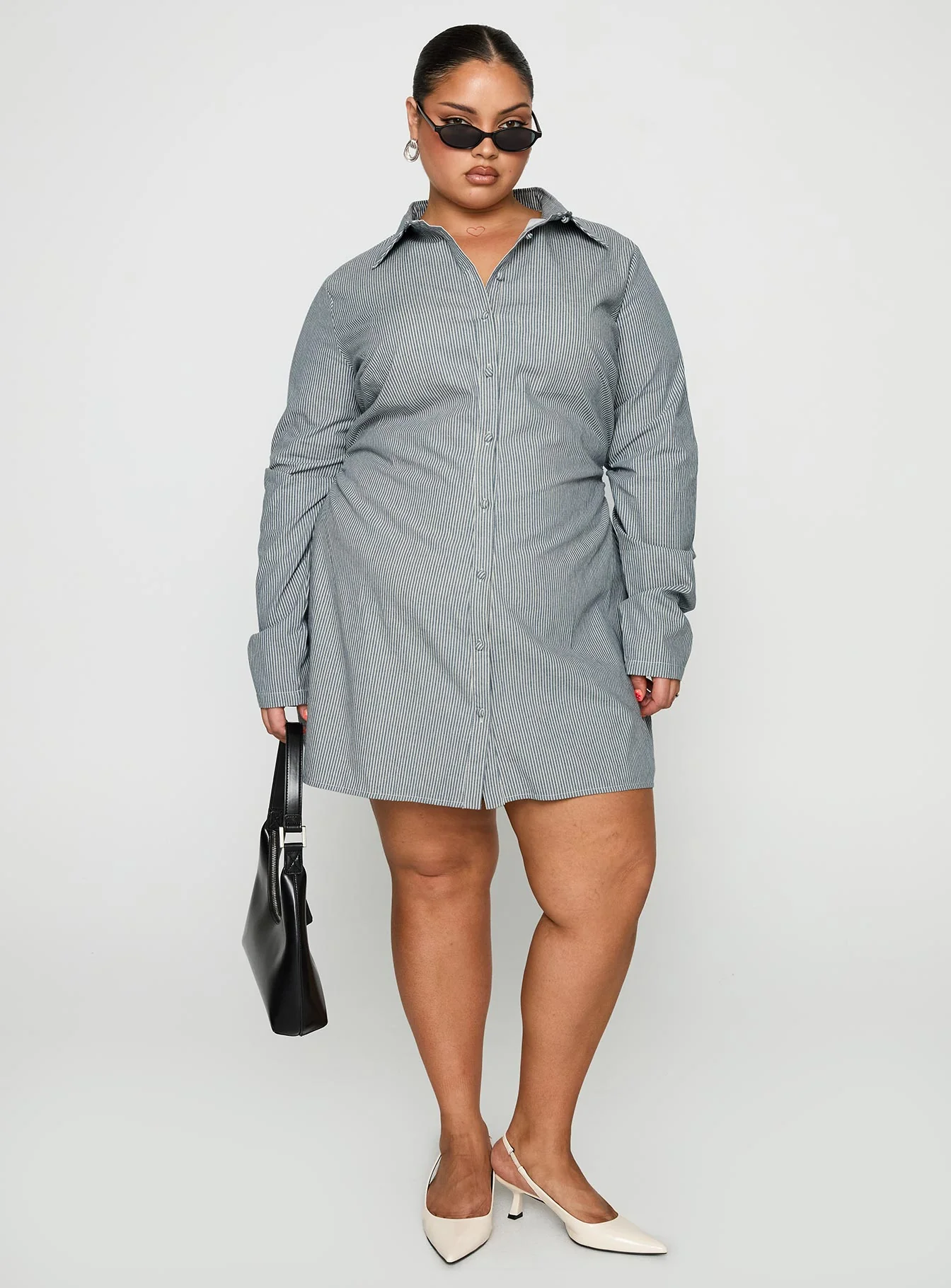 Publicity Long Sleeve Mini Dress Blue Pinstripe Curve - Image 3
