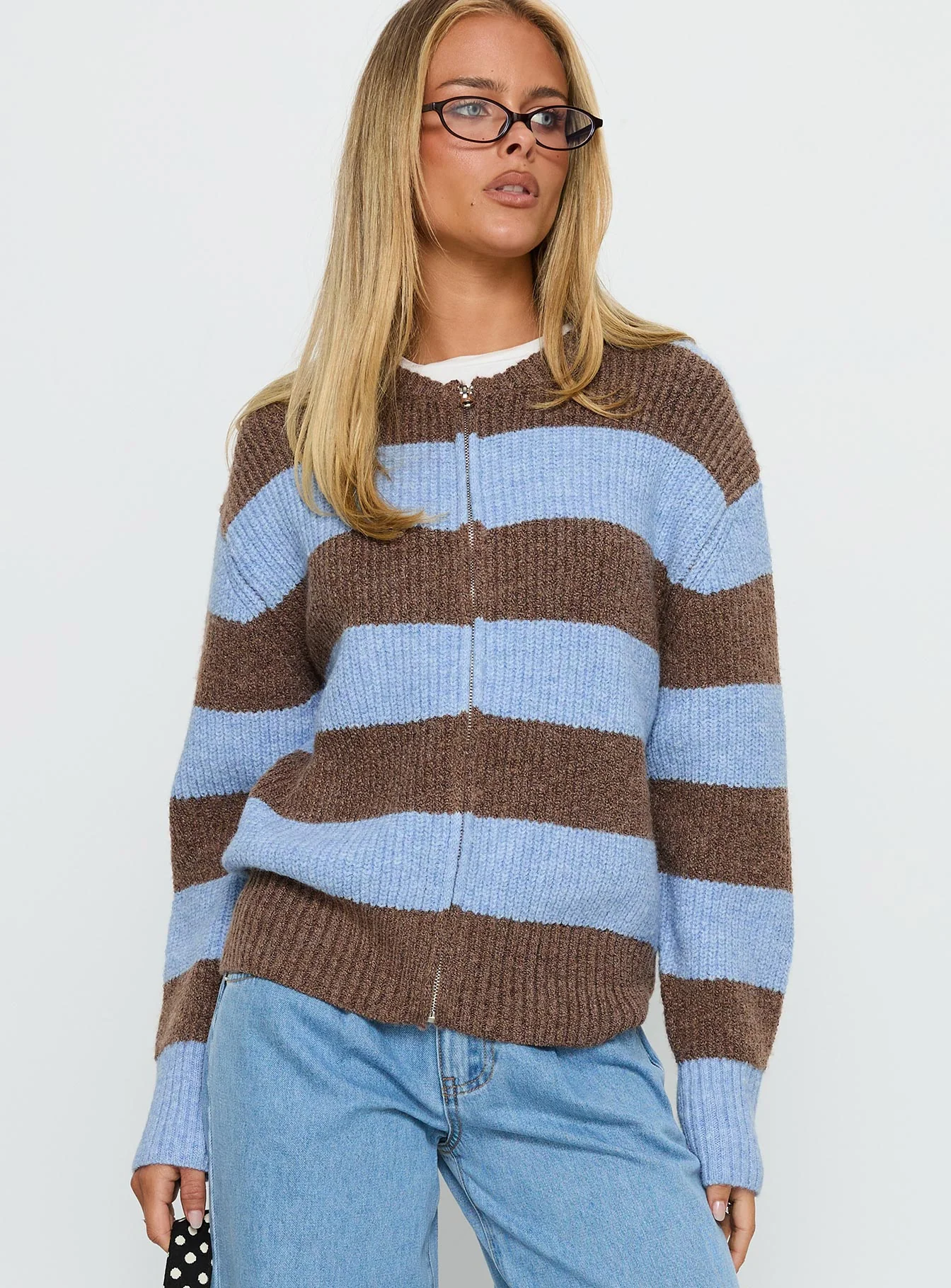 Queena Zip Through Knit Sweater Blue Stripe - Image 2