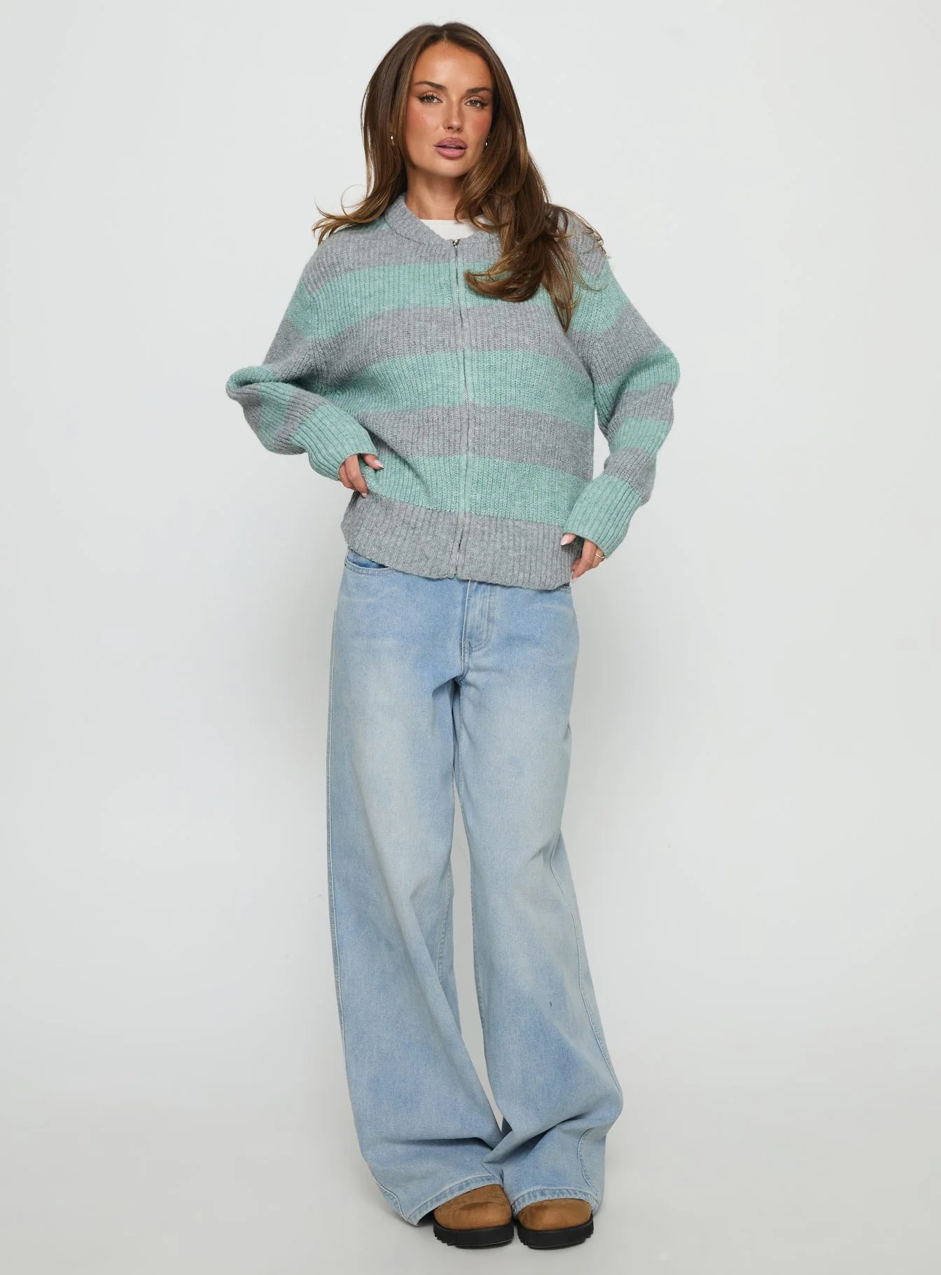 Queena Zip Through Knit Sweater Grey / Blue Stripe - Image 3