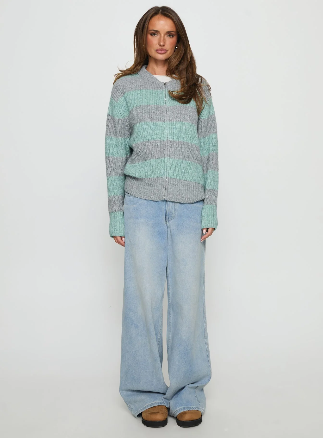 Queena Zip Through Knit Sweater Grey / Blue Stripe - Image 7