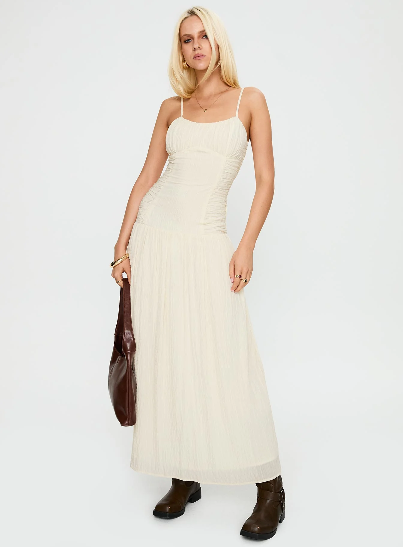 Quinley Shirred Maxi Dress Cream - Image 3