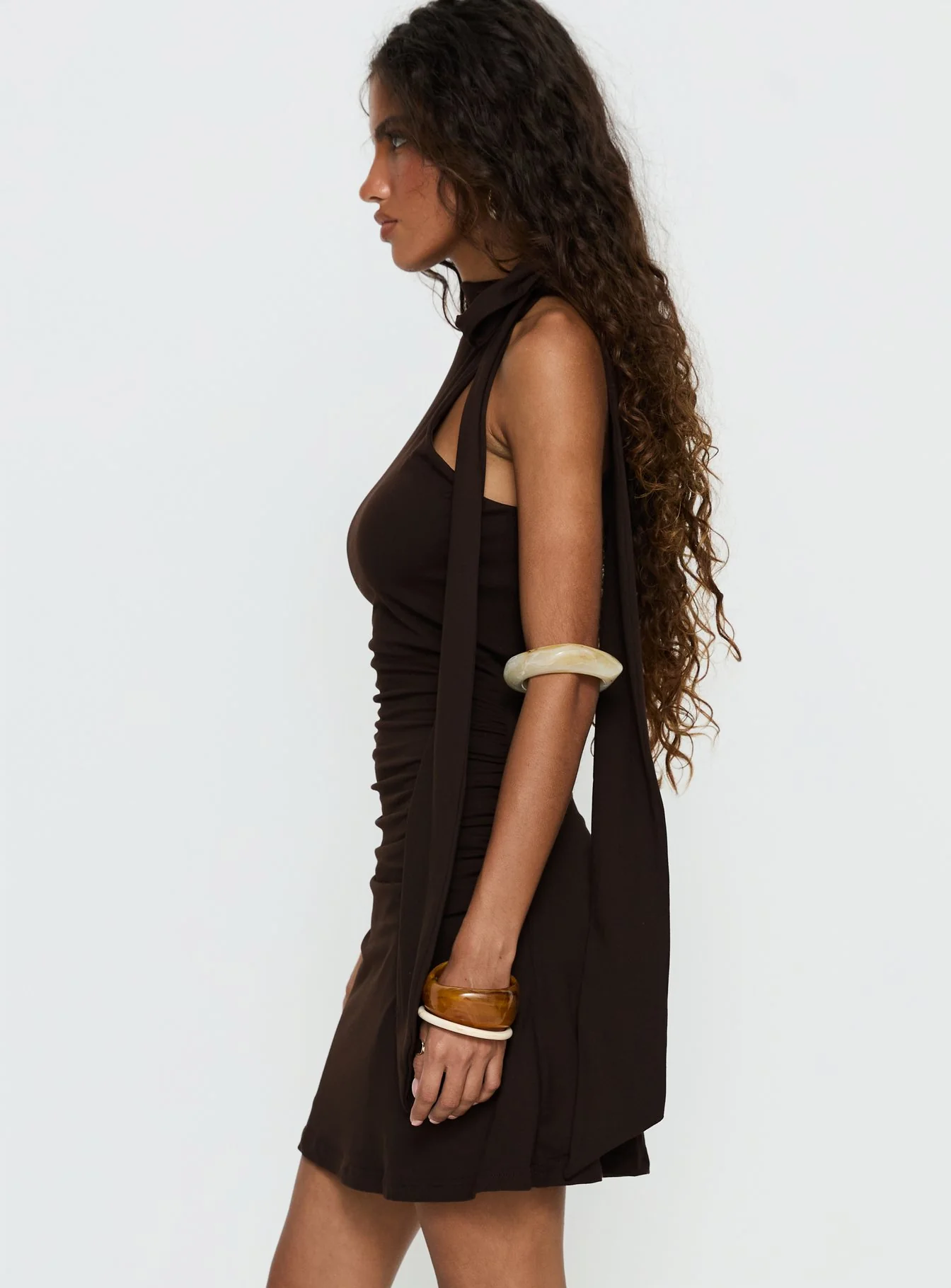 Rafaelia Ruched Scarf Mini Dress Chocolate - Image 3
