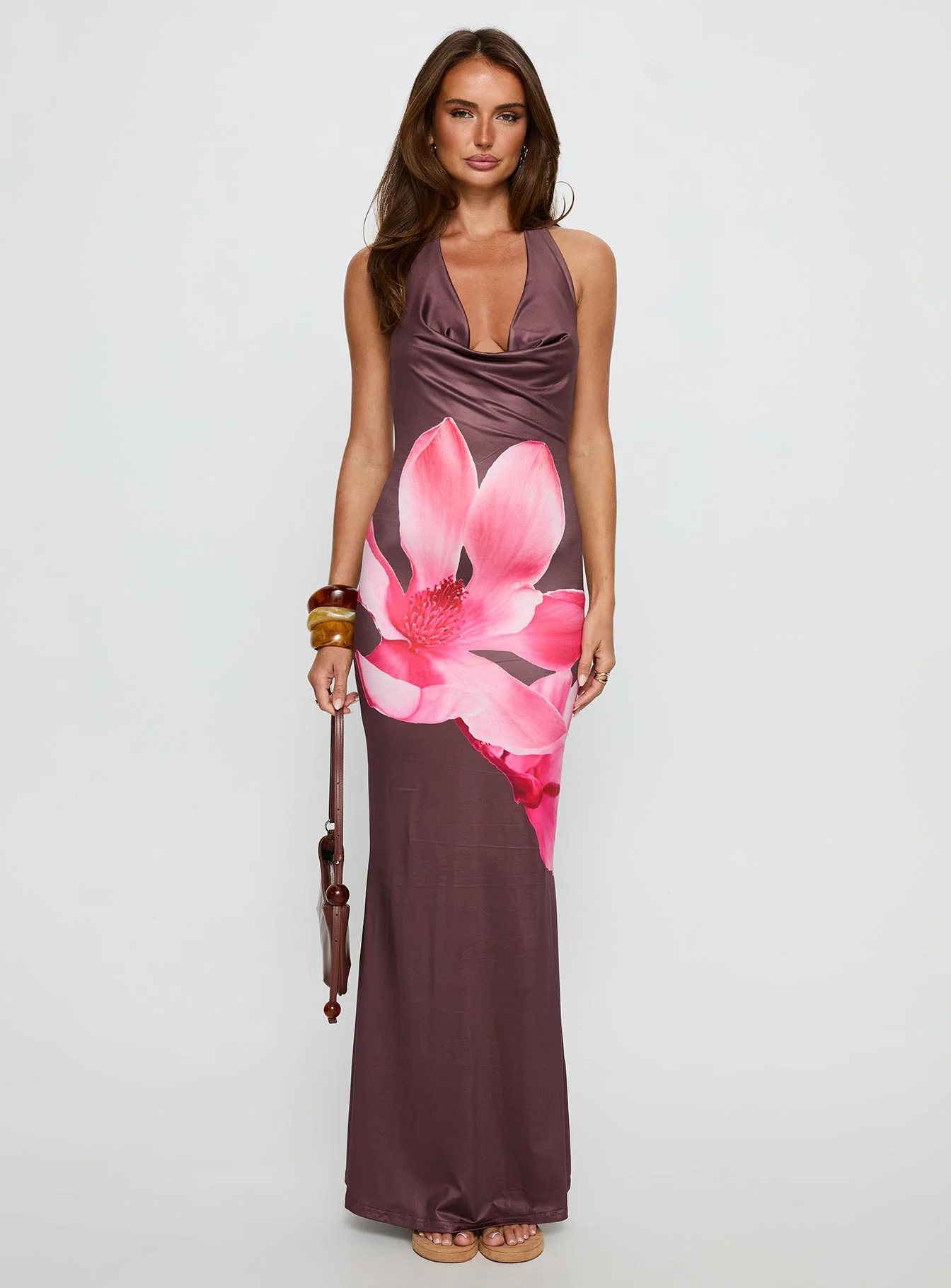 Raleina Halter Cowl Neck Maxi Dress Brown Floral - Image 7