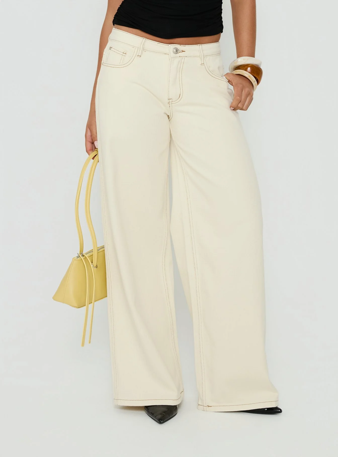 Ramos Low Rise Wide Leg Jeans Cream - Image 2