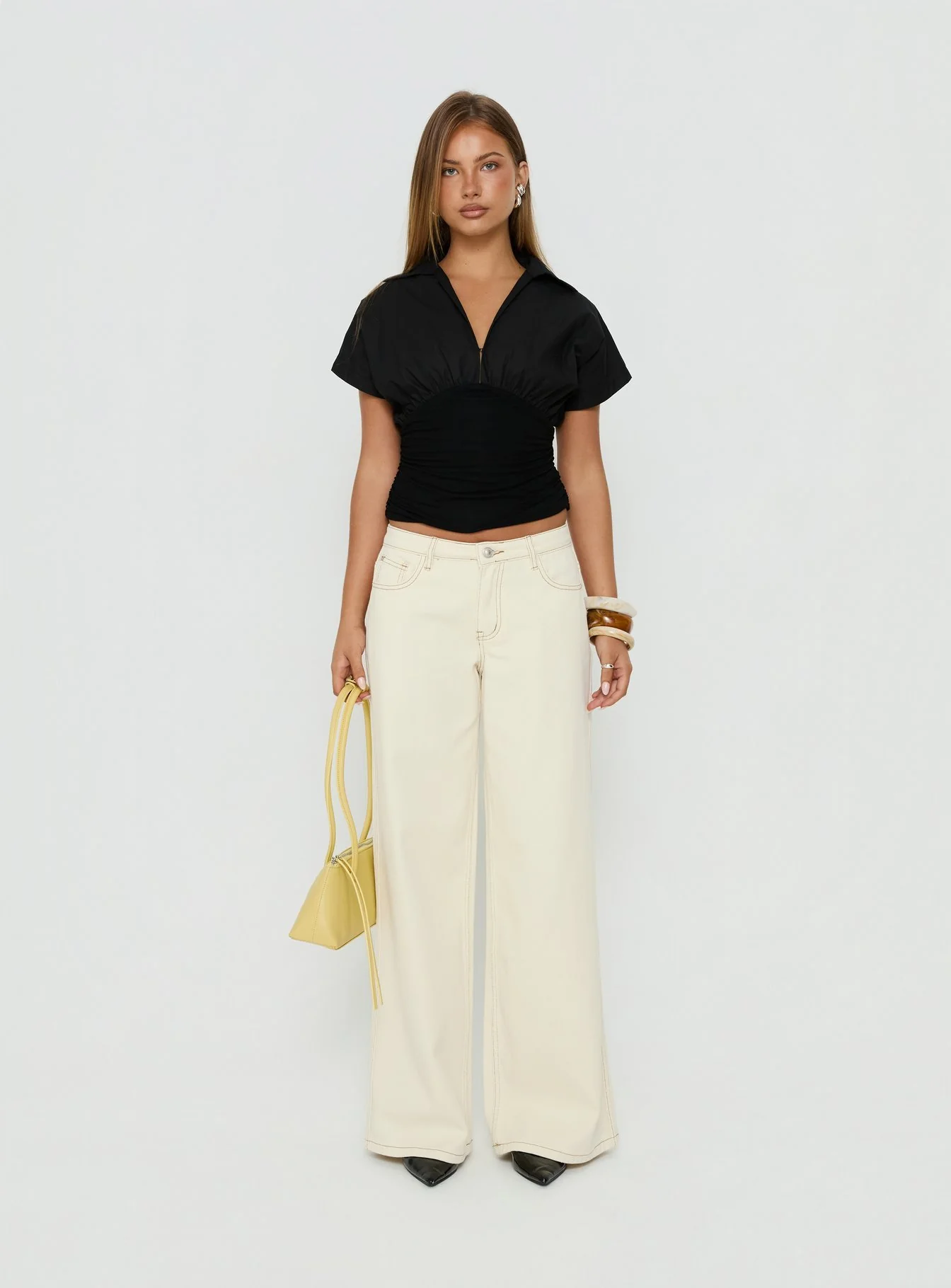 Ramos Low Rise Wide Leg Jeans Cream - Image 7