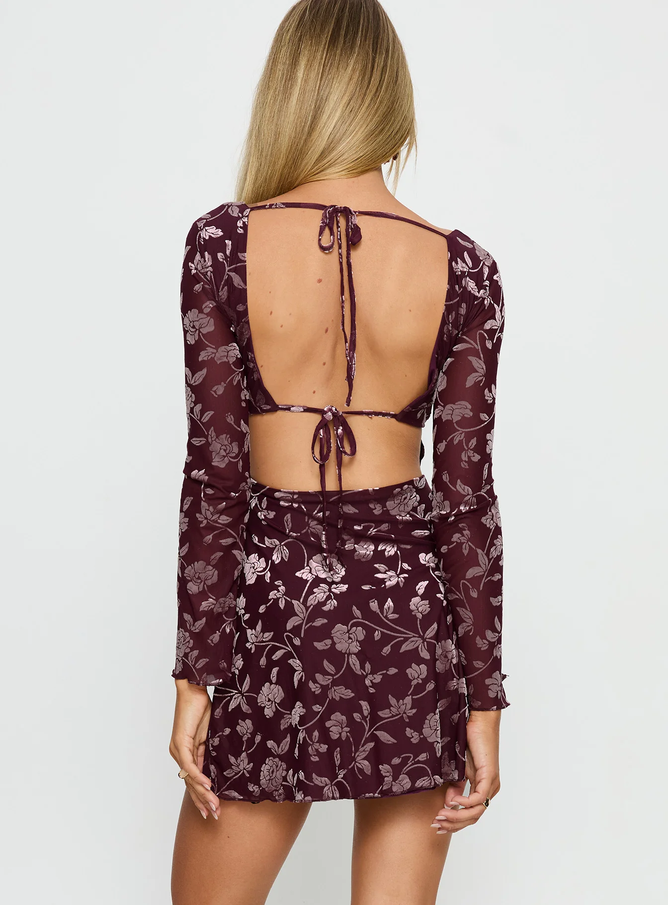 Raylena Long Sleeve V-neck Mini Dress Burgundy Floral - Image 5