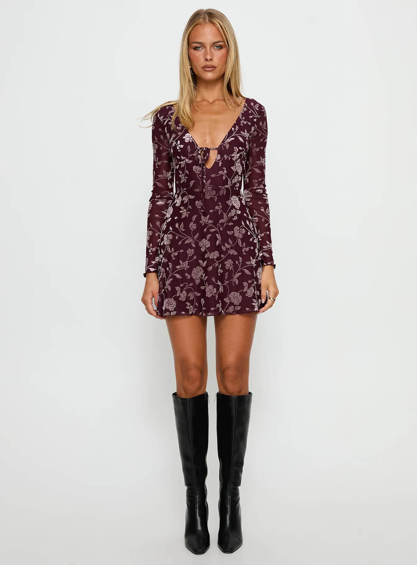Raylena Long Sleeve V-neck Mini Dress Burgundy Floral - Image 7