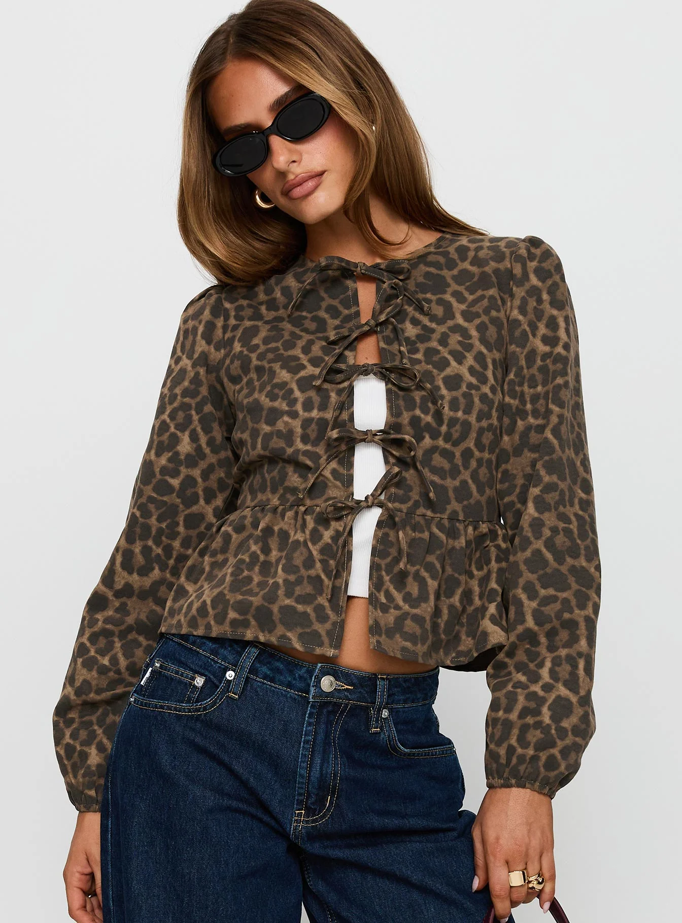 Recognize Tie Detail Long Sleeve Top Leopard - Image 2