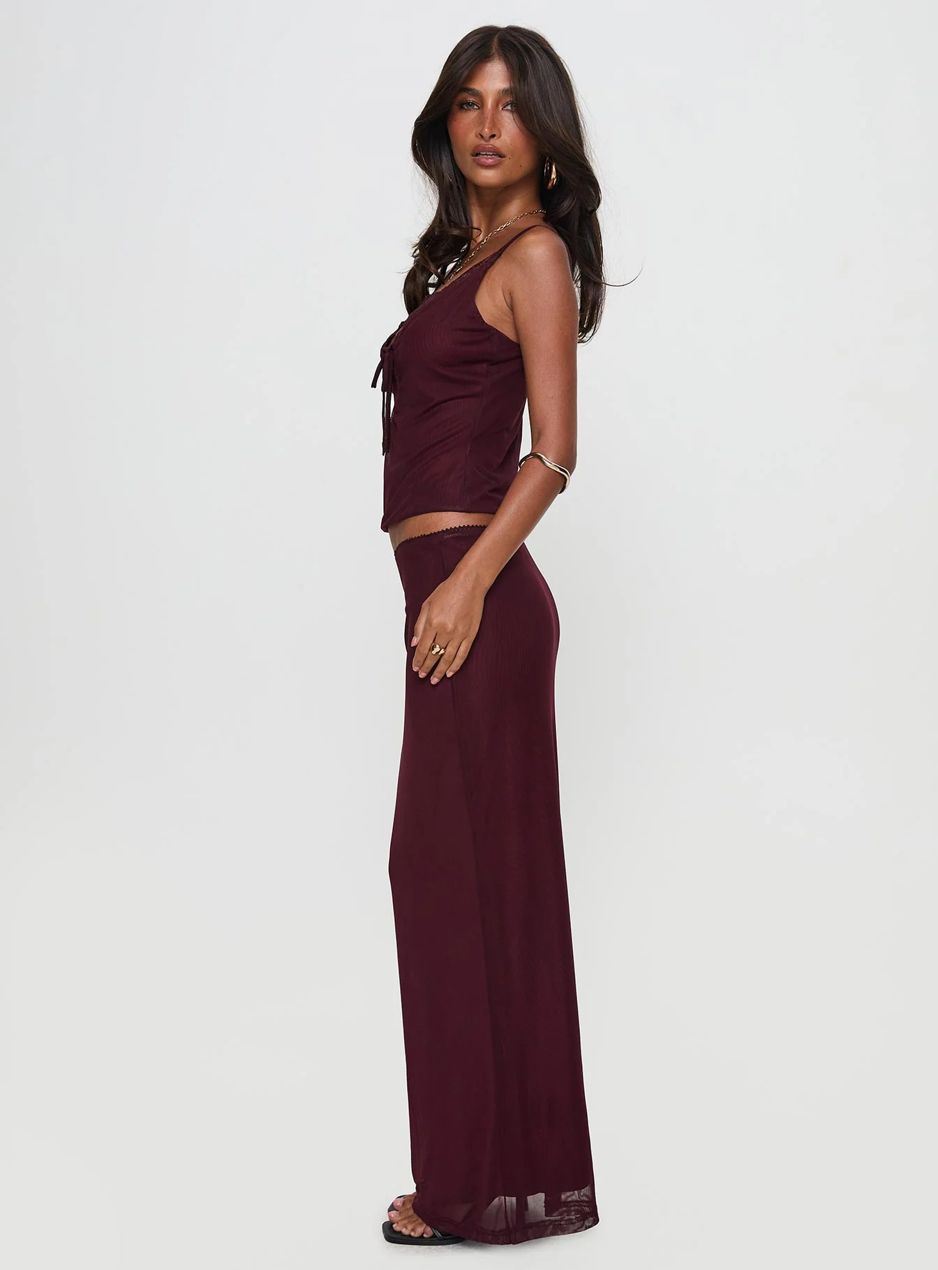 Reiko Lace Trim Tie Front Maxi Set Burgundy - Image 3