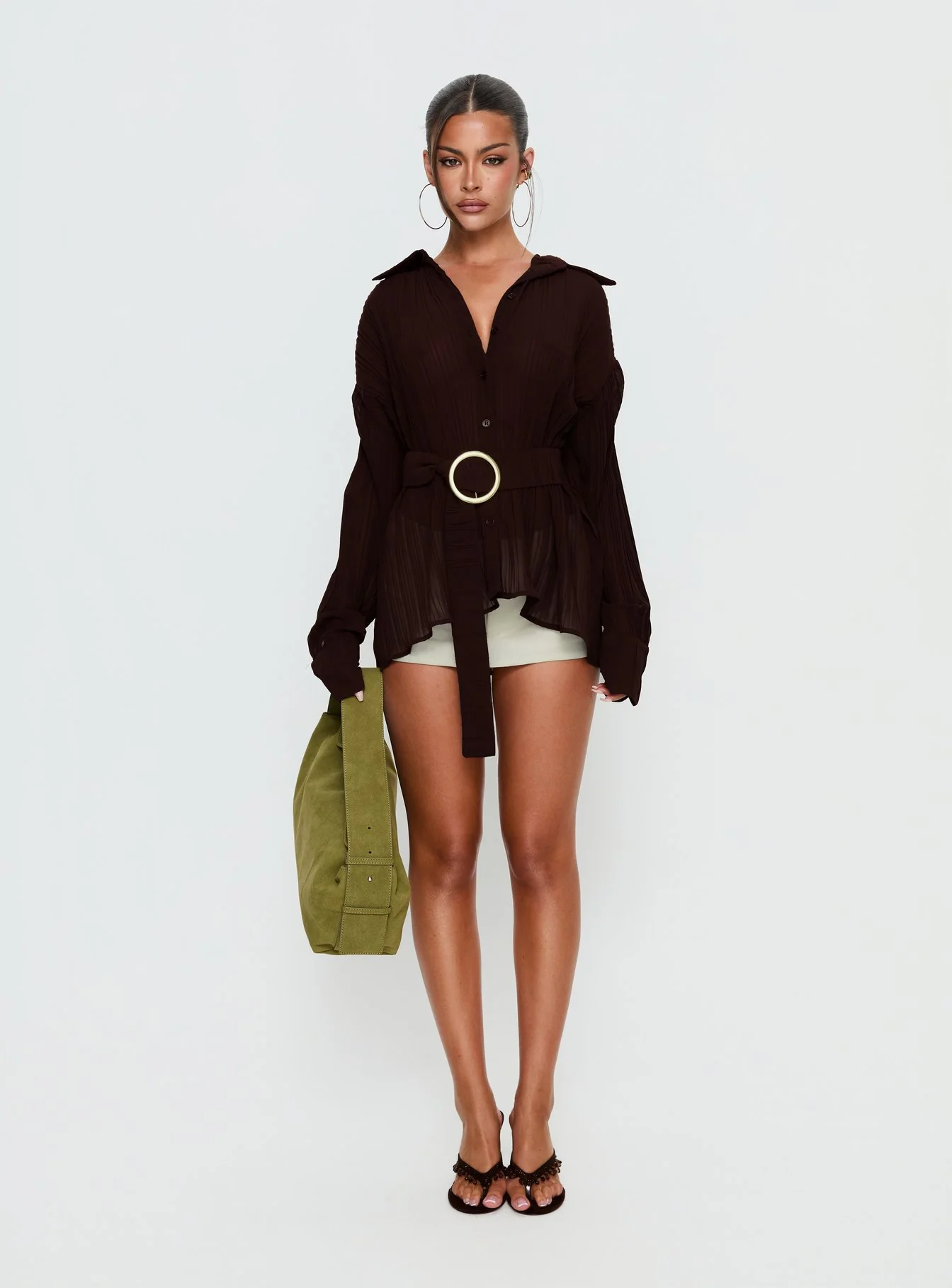 Rhiane Belted Long Sleeve Shirt Chocolate - Image 3