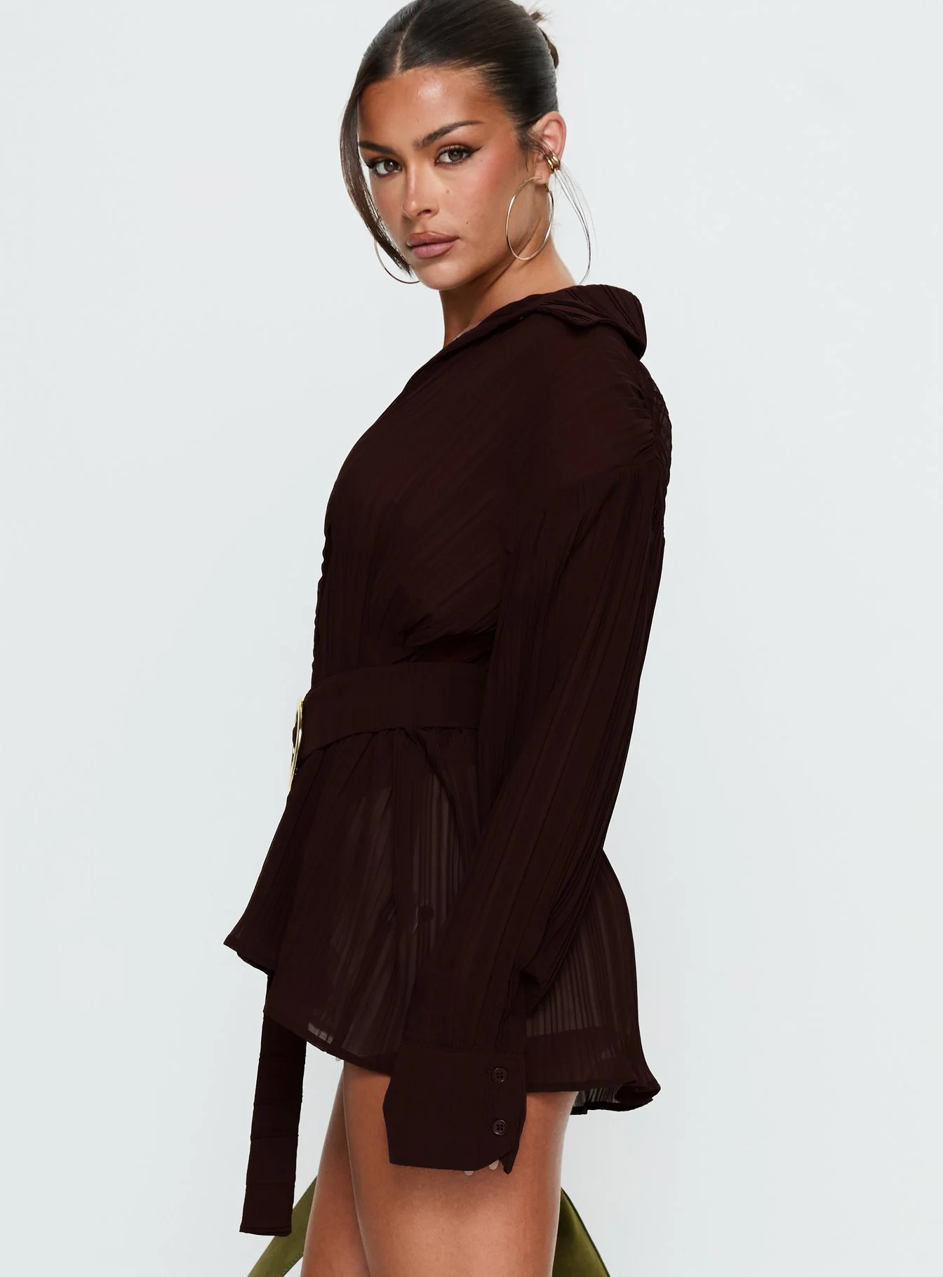 Rhiane Belted Long Sleeve Shirt Chocolate - Image 4