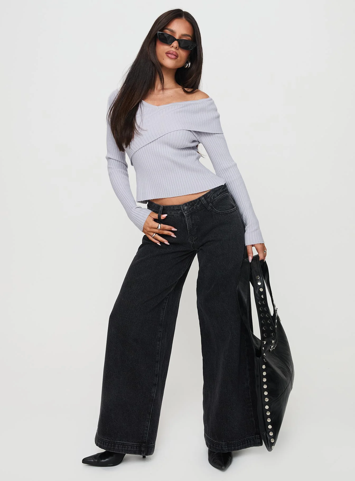 Ribbon Stamp Low Rise Wide Leg Jeans Washed Black - Image 3