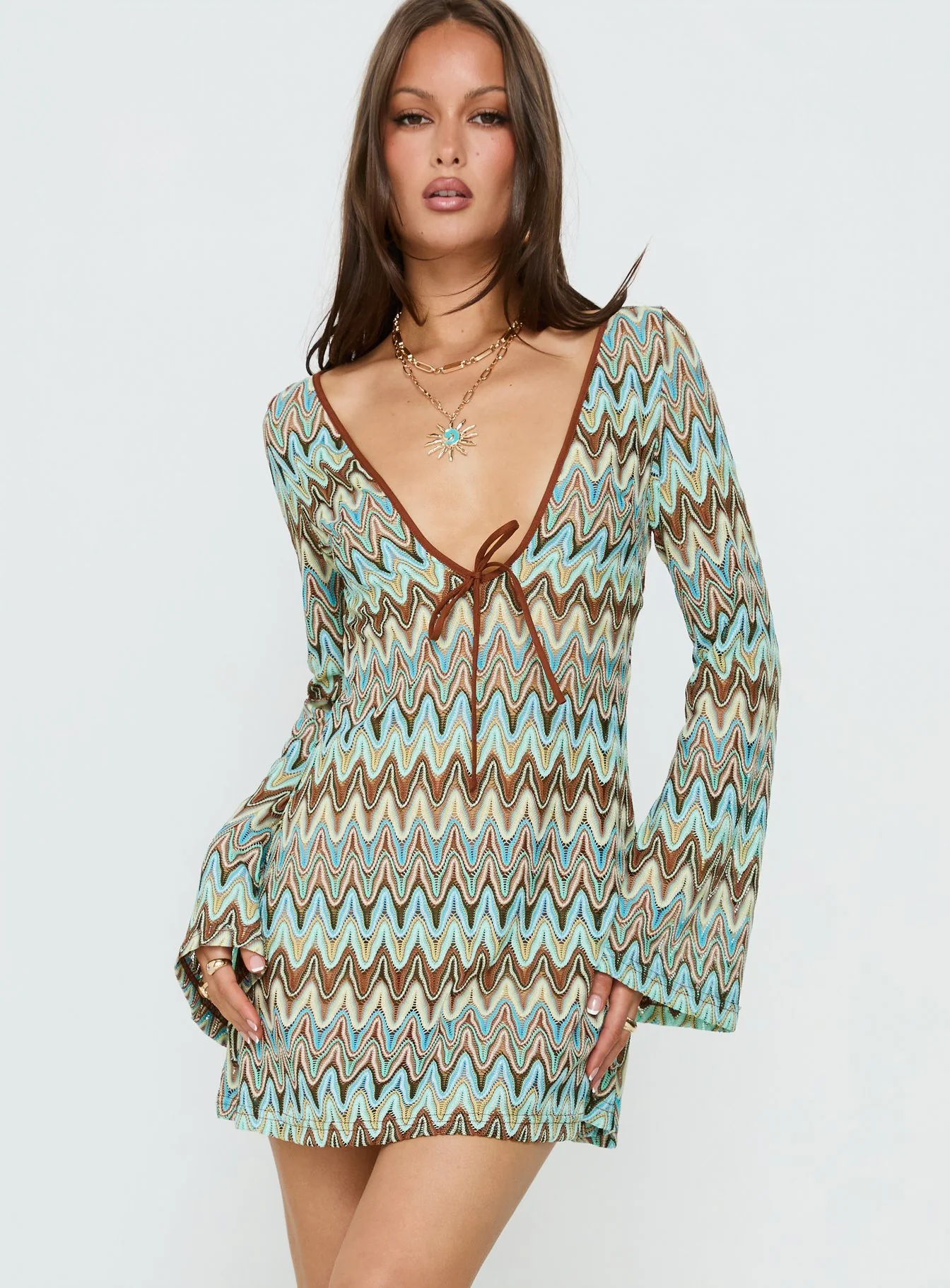 Rizario Long Sleeve Crochet Mini Dress Blue Multi - Image 2